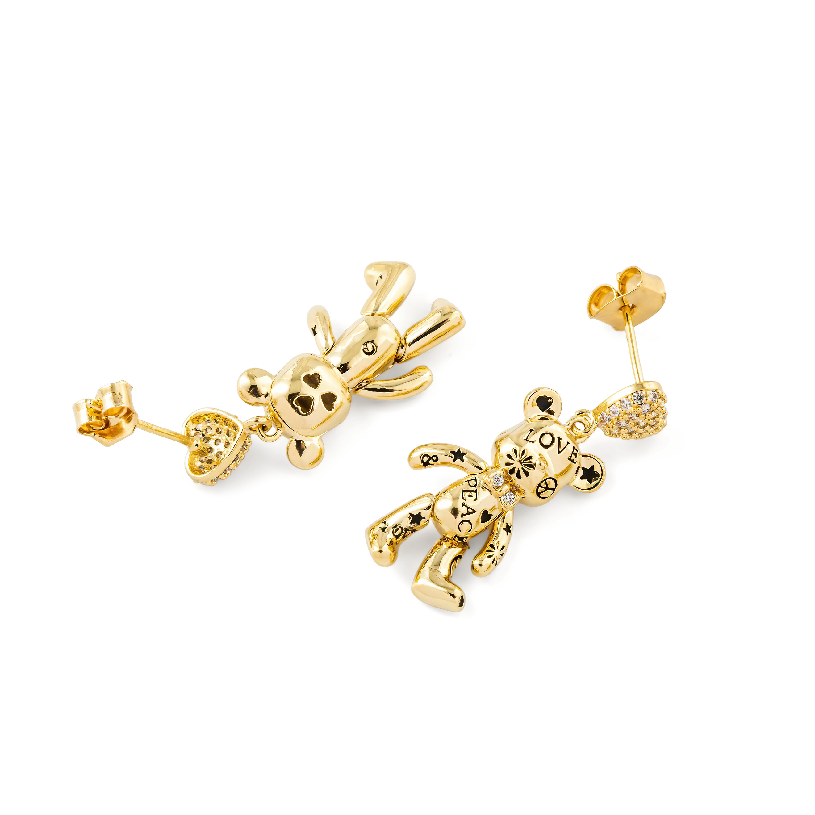 Golden teddy bear earrings with a heart