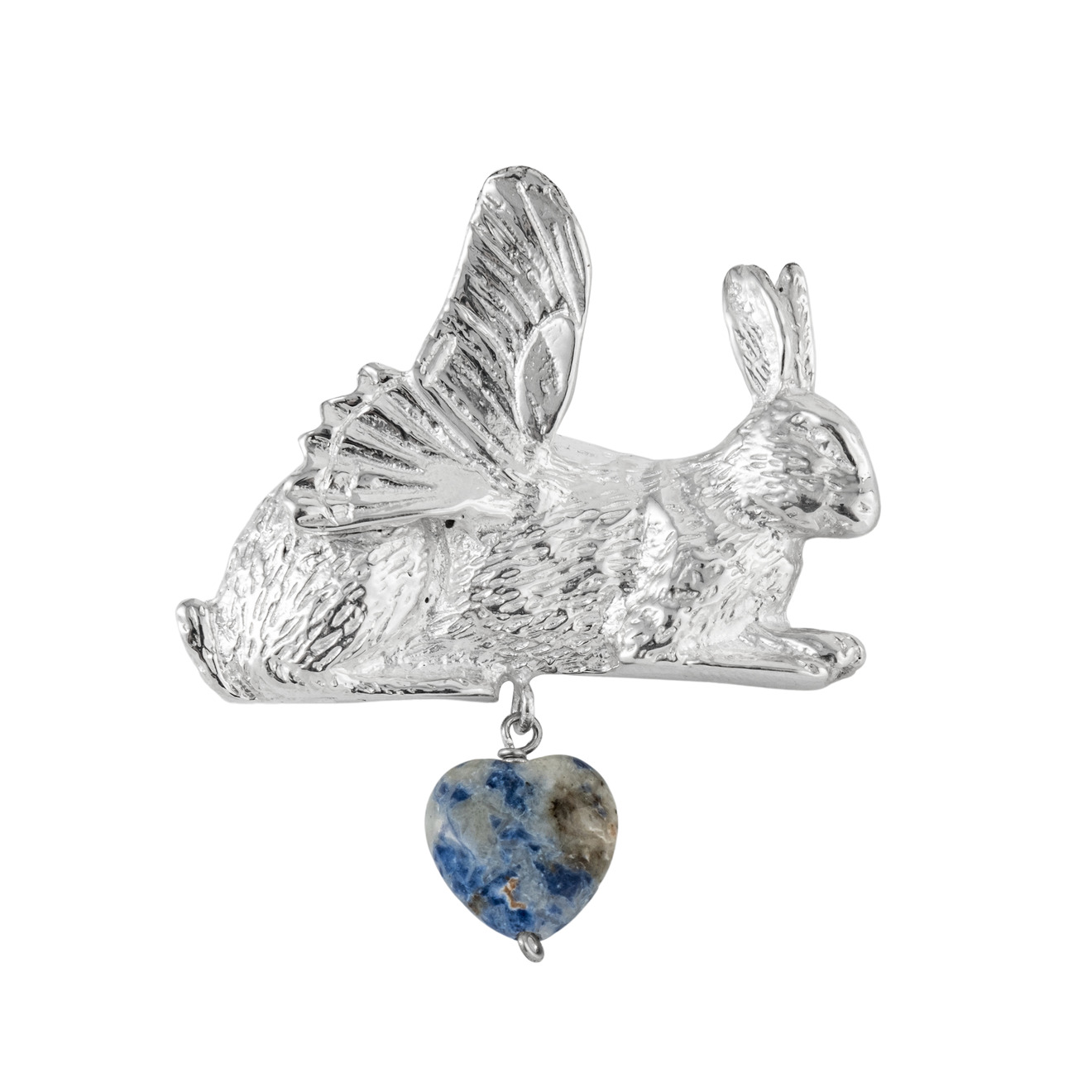 Fairy Table Посеребренная брошь Крылатый заяц с подвеской-сердцем из апатита цена и фото
