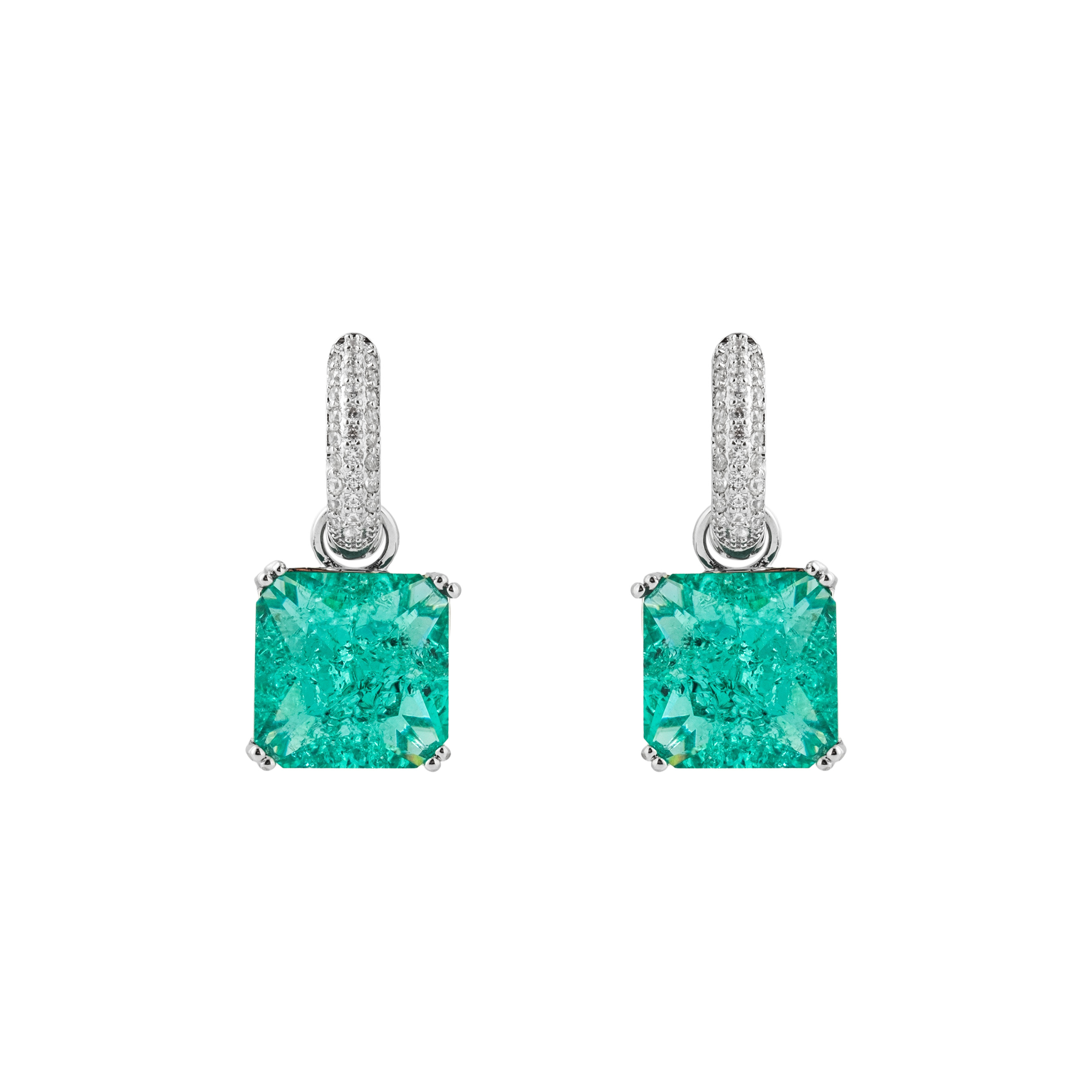 Silver earrings with a square light green crystal and a peacock