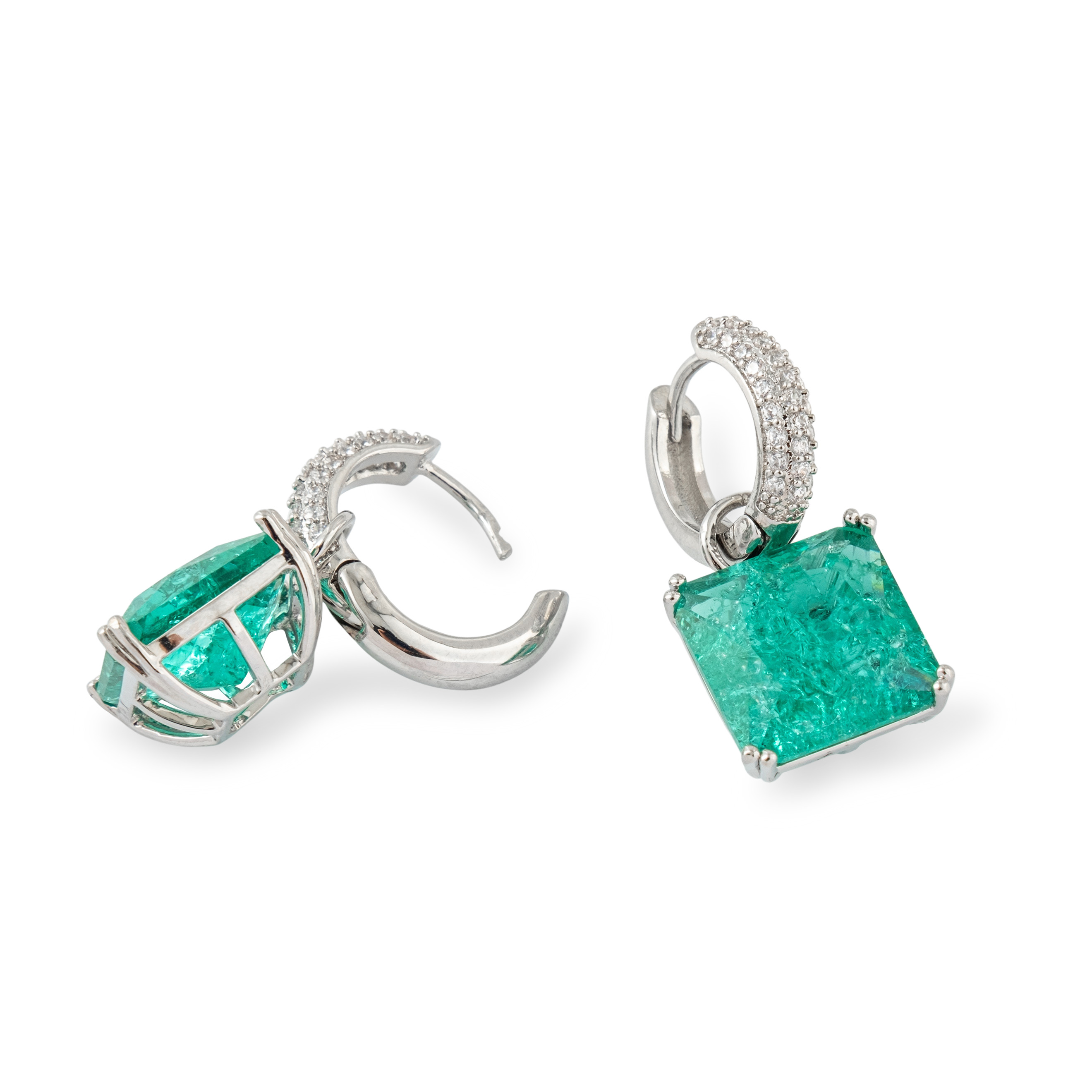 Silver earrings with a square light green crystal and a peacock