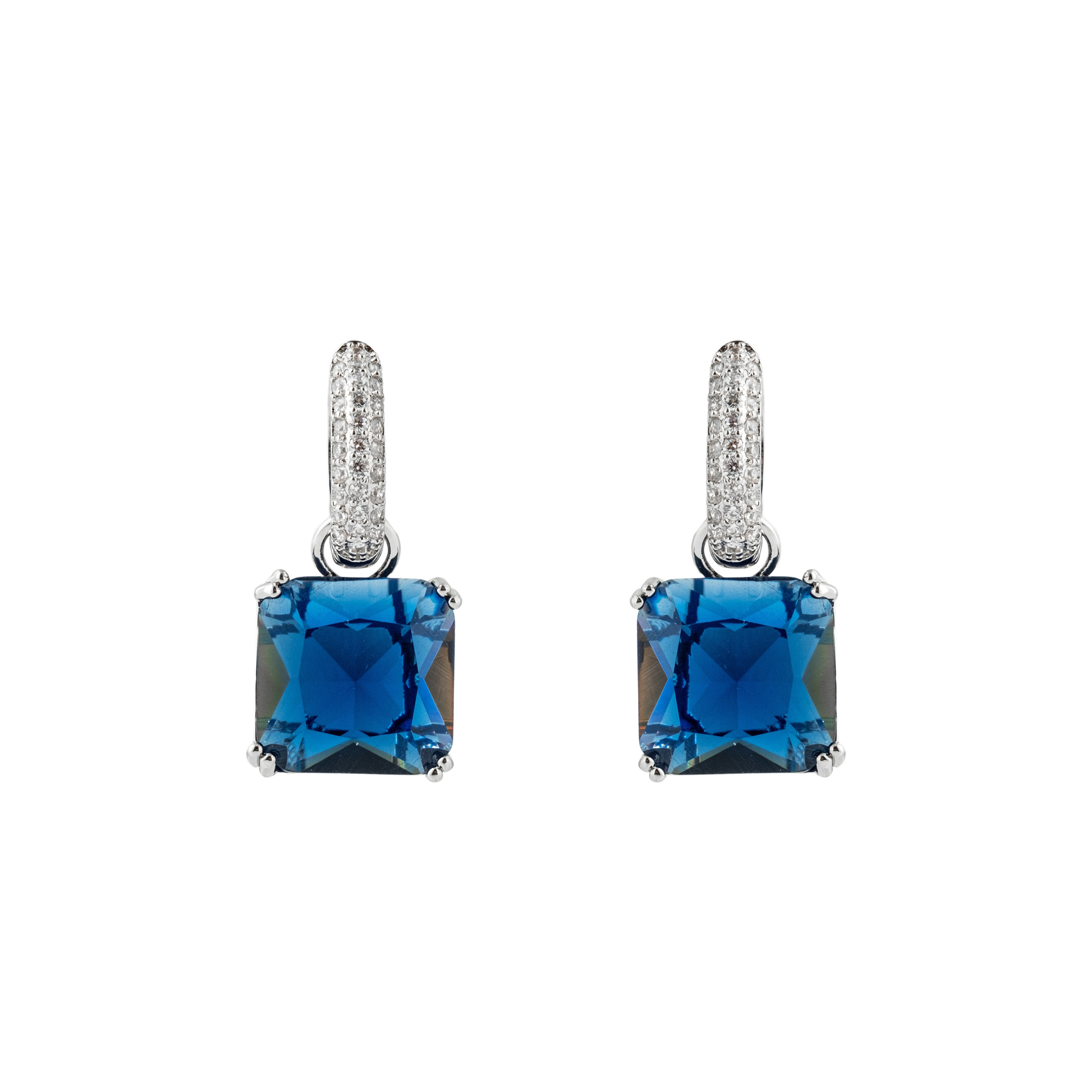 Silver earrings with square dark blue crystal and peacock
