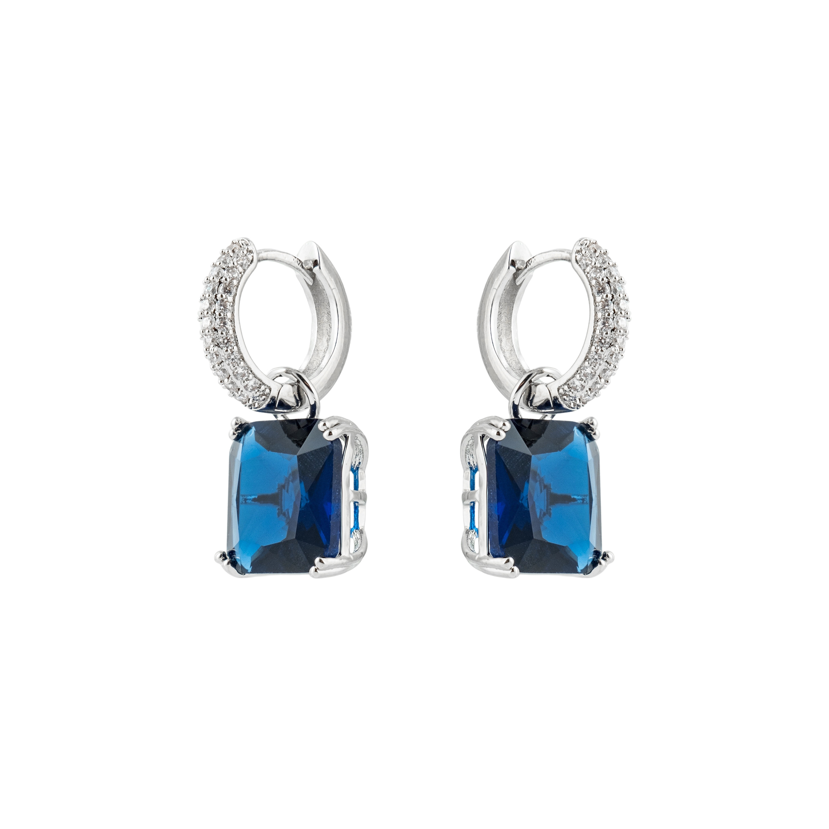 Silver earrings with square dark blue crystal and peacock