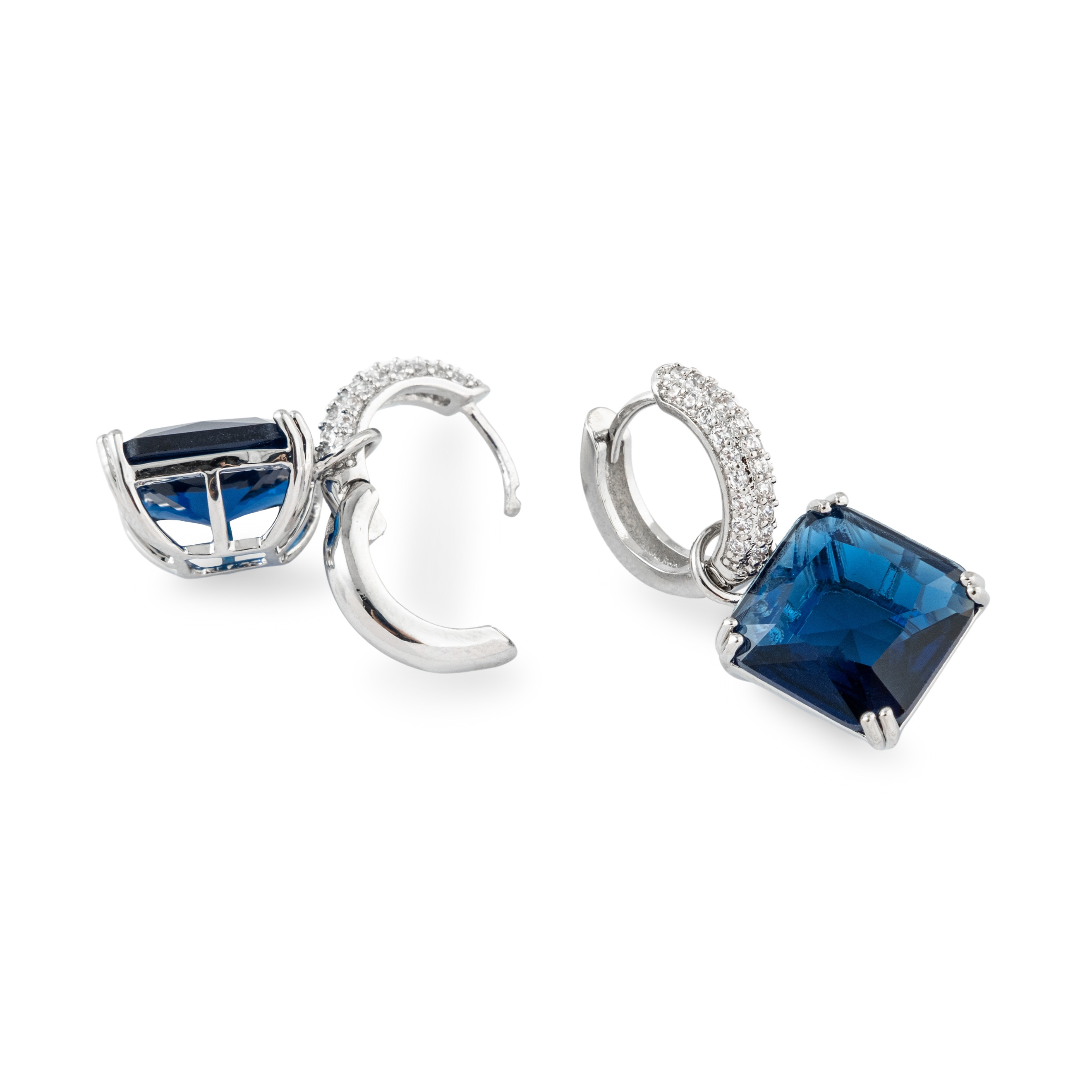 Silver earrings with square dark blue crystal and peacock