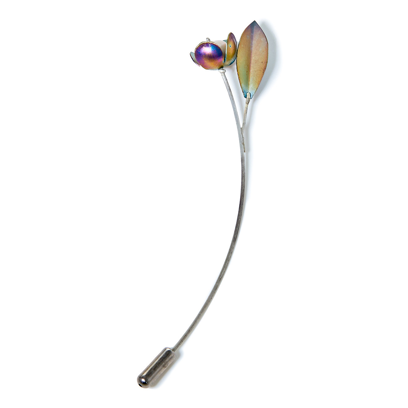 Titanium pin brooch with golden bud and pearls