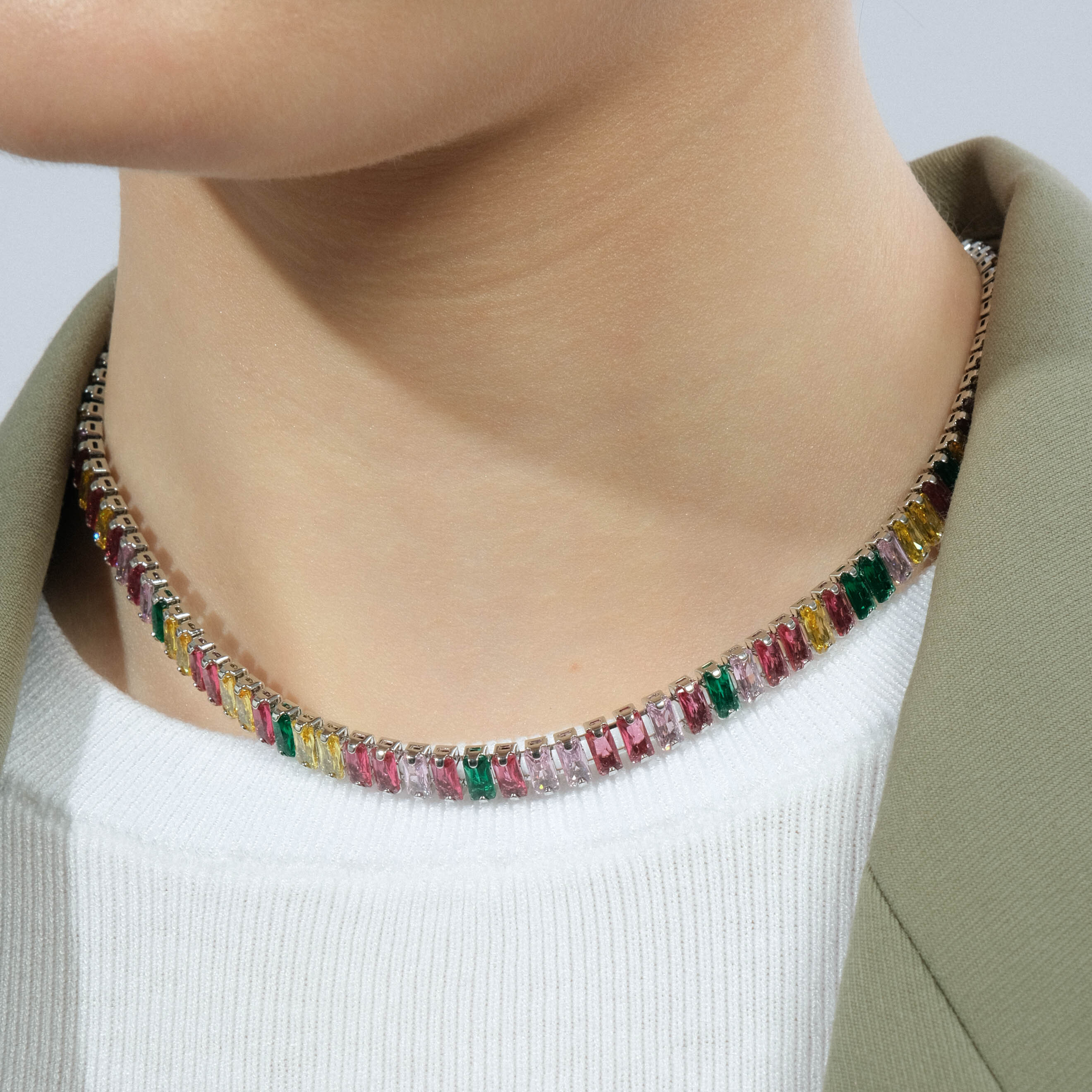 Silver necklace with multicolored crystals