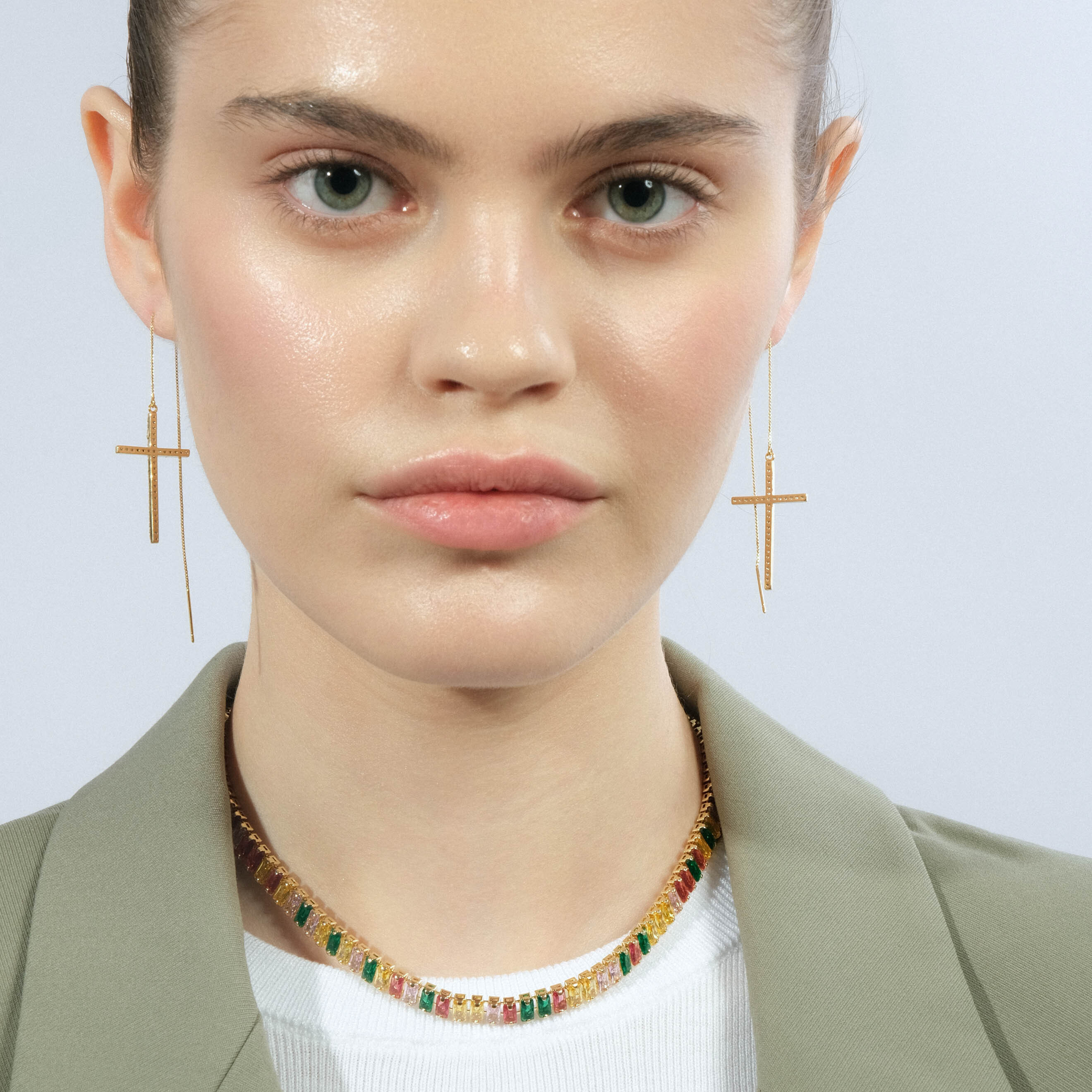 Golden necklace with multicolored crystals