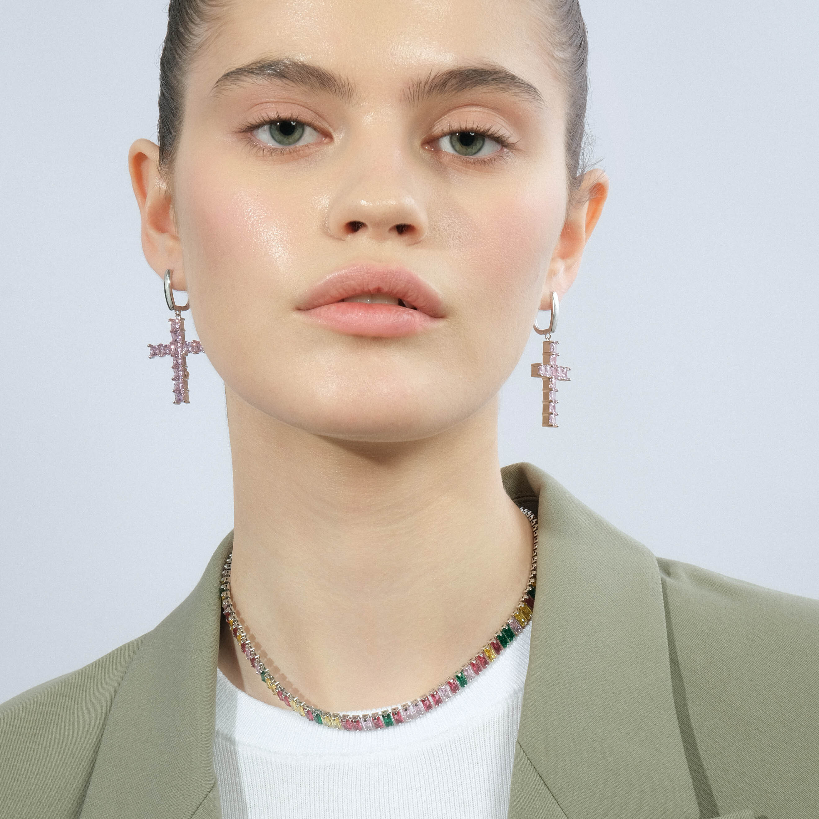 Silver cross earrings with pink crystals