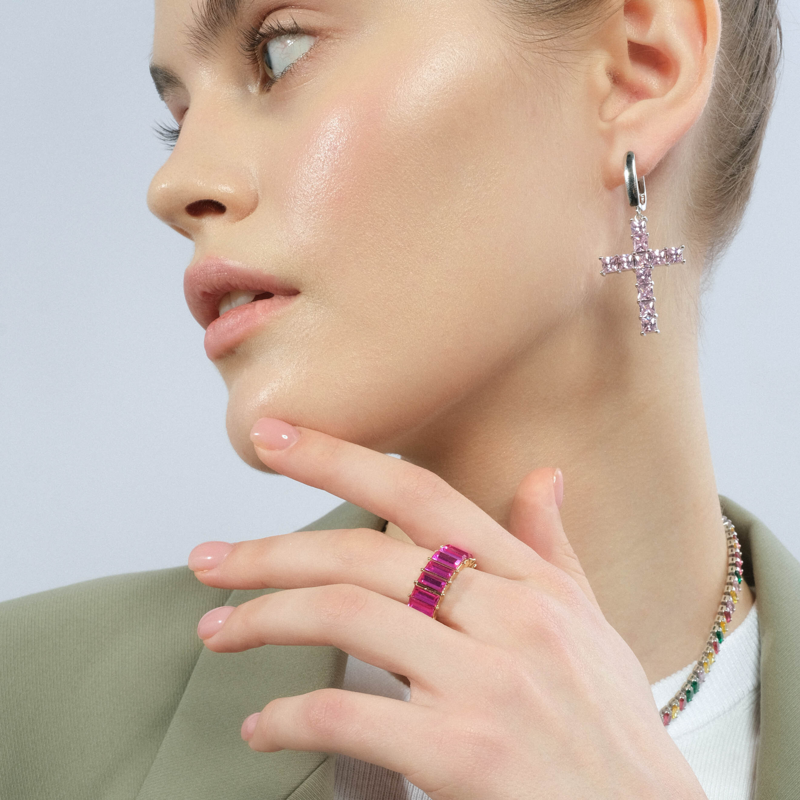 Silver cross earrings with pink crystals
