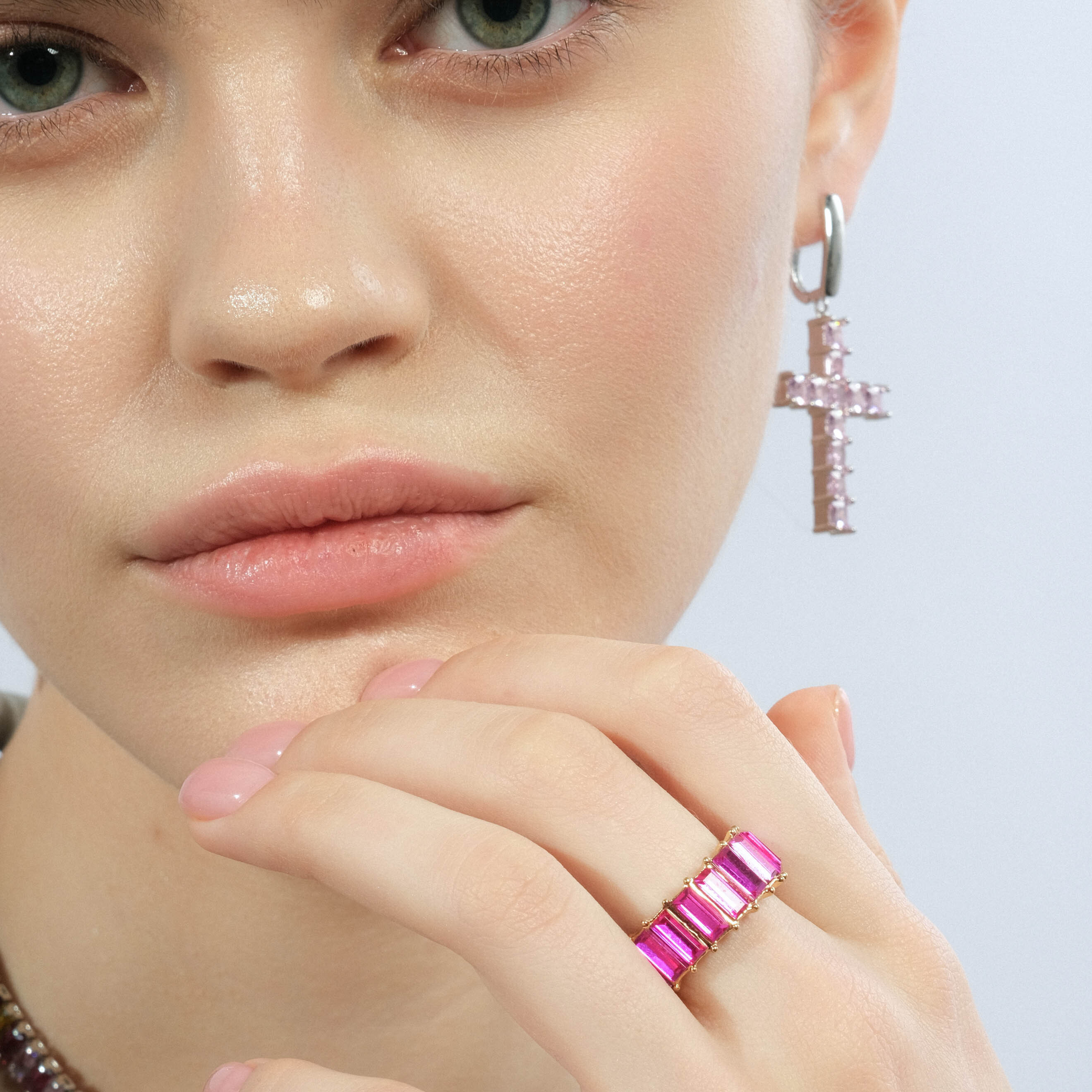 Silver cross earrings with pink crystals