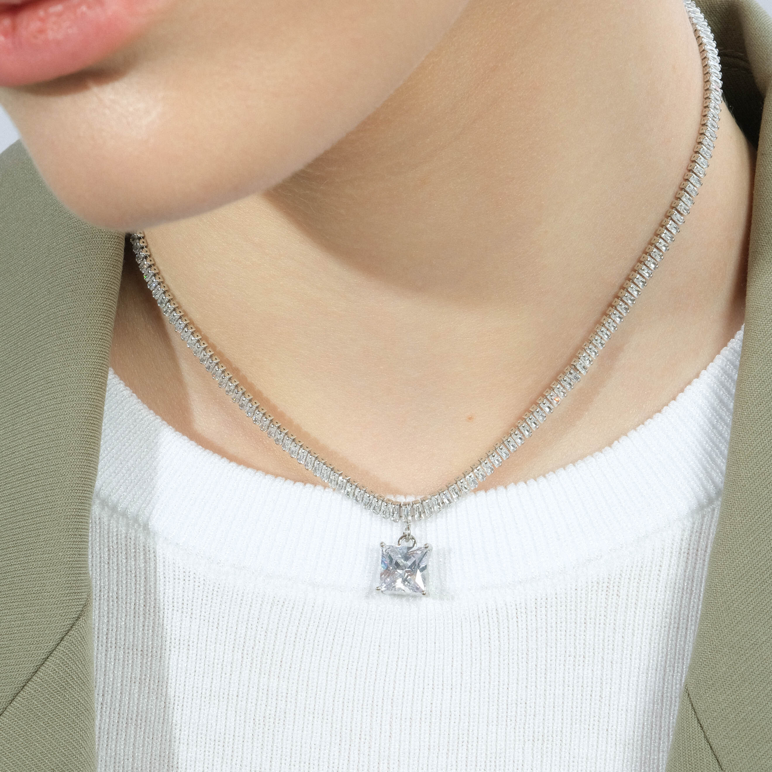 Silver necklace with white crystals