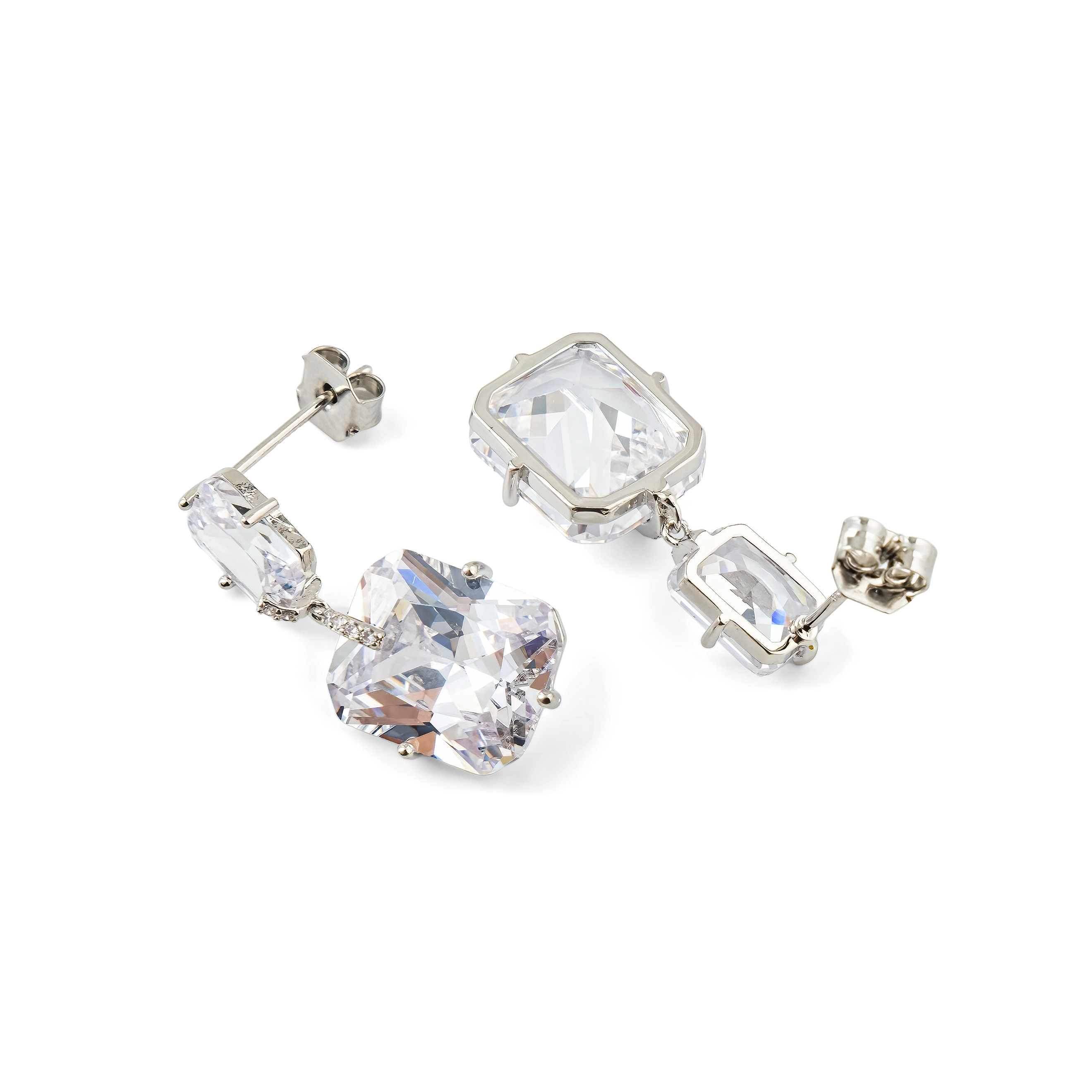 Silver earrings with two white crystals