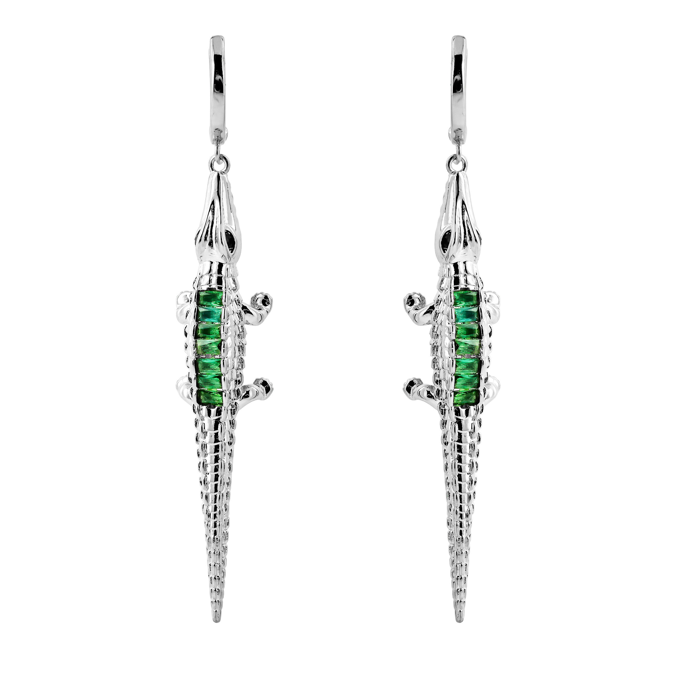 Silver crocodile Earrings with green crystal