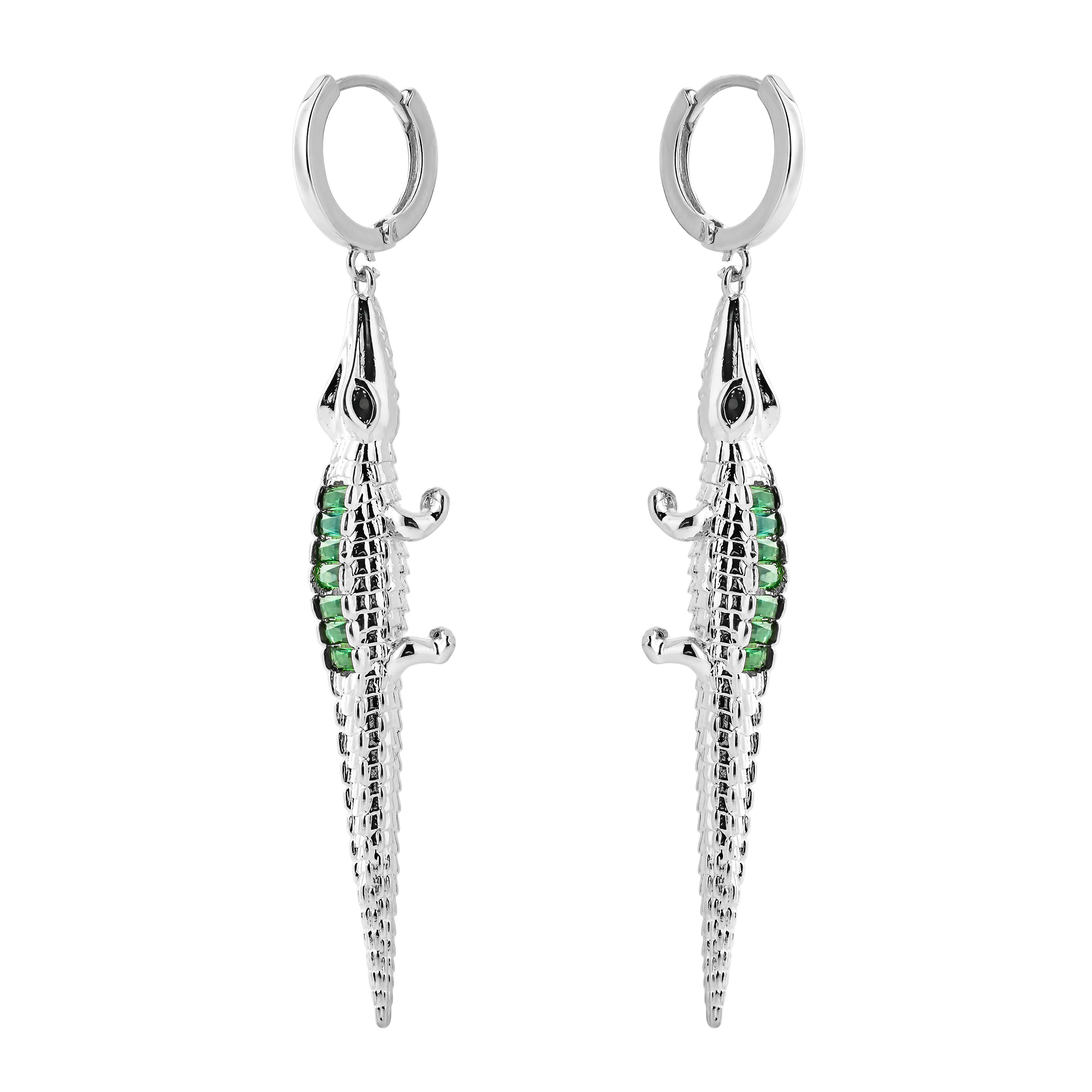 Silver crocodile Earrings with green crystal