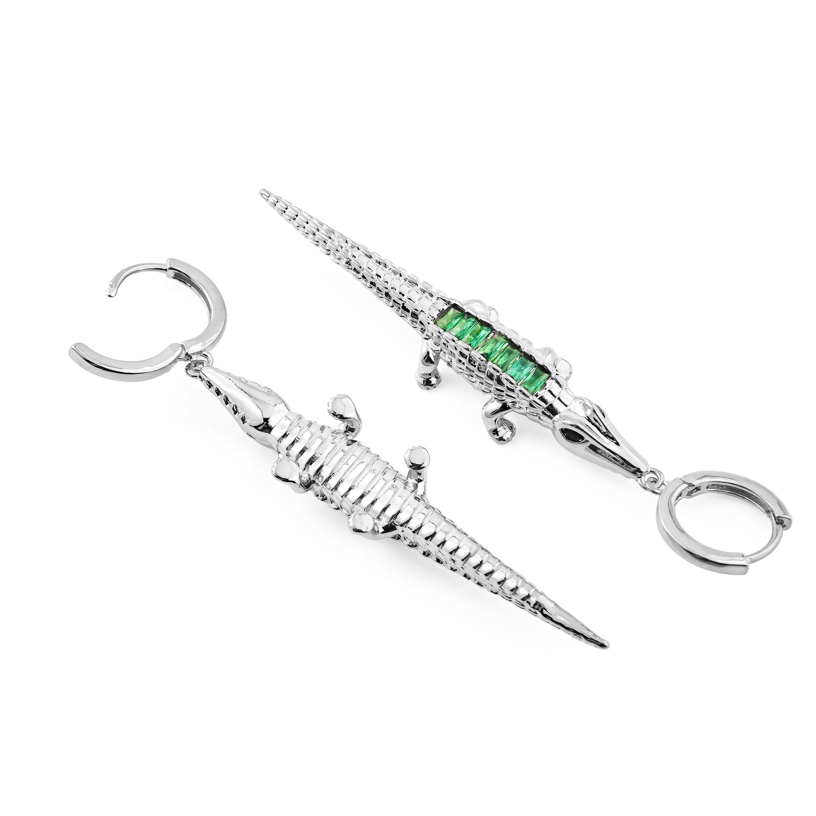 Silver crocodile Earrings with green crystal