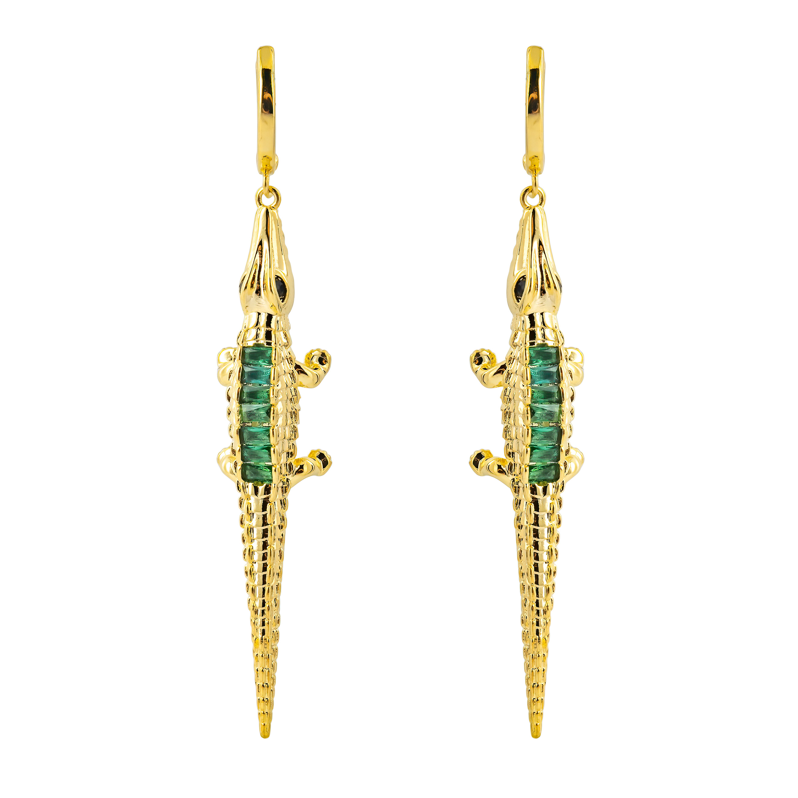 Golden crocodile Earrings with green crystal