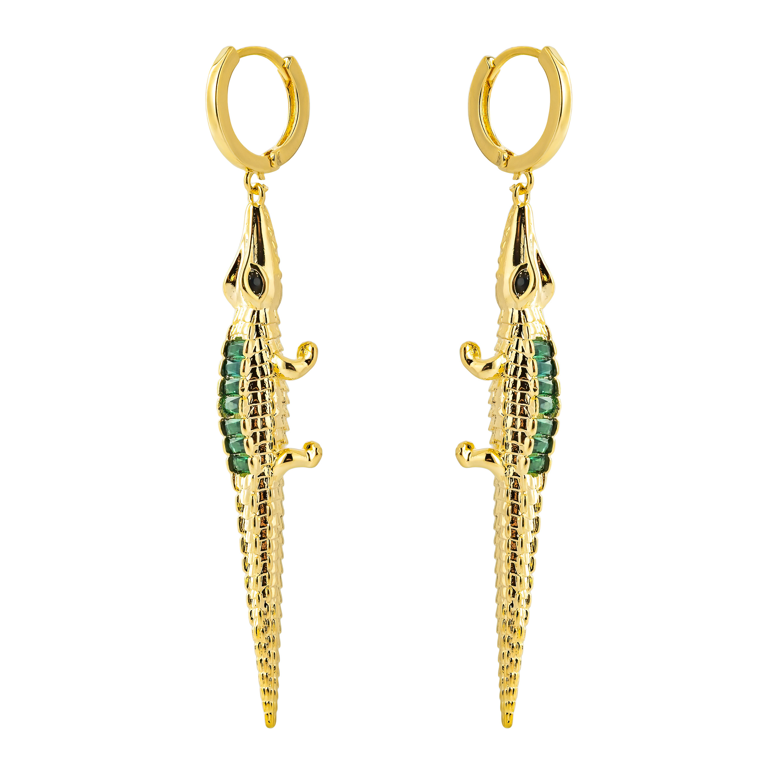 Golden crocodile Earrings with green crystal