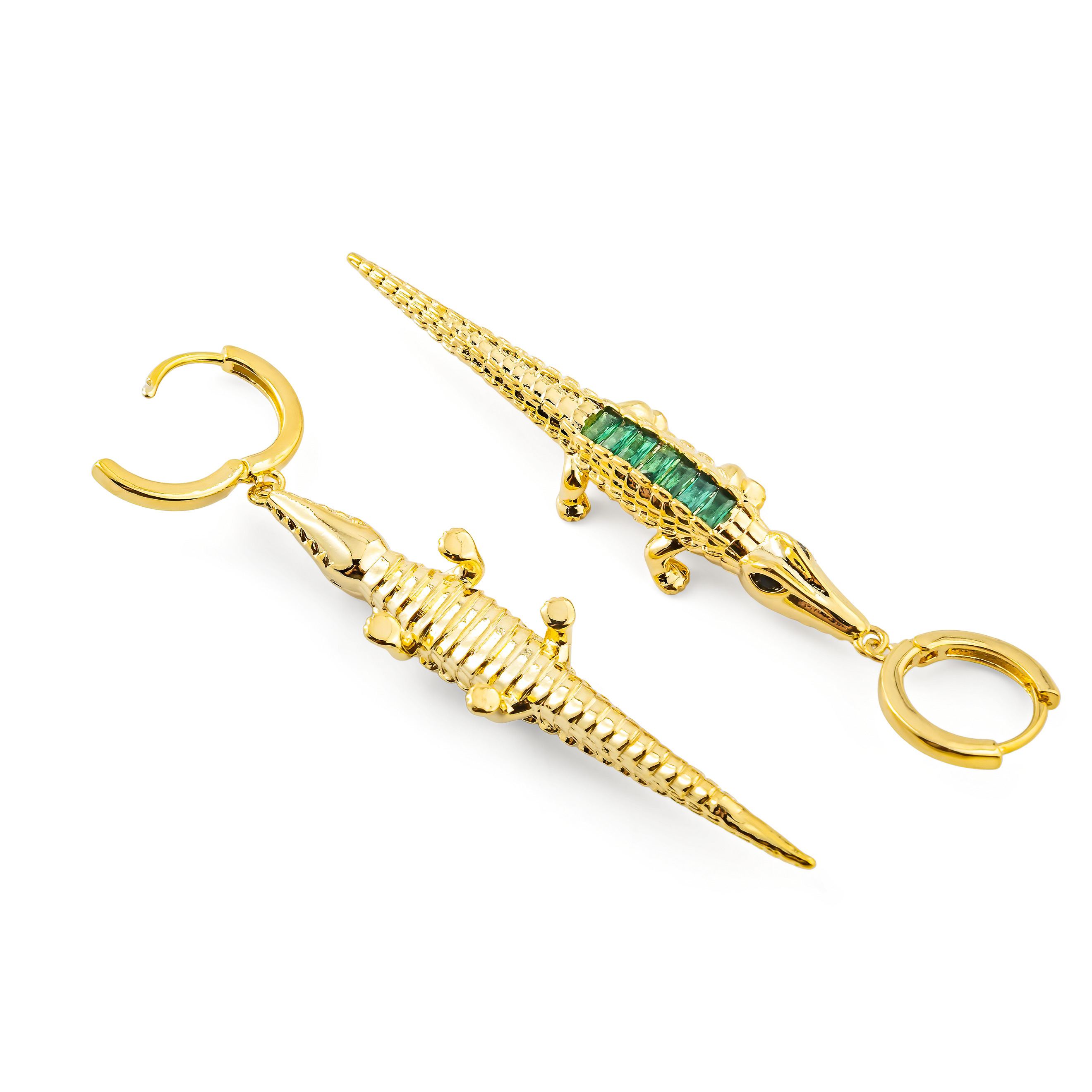 Golden crocodile Earrings with green crystal