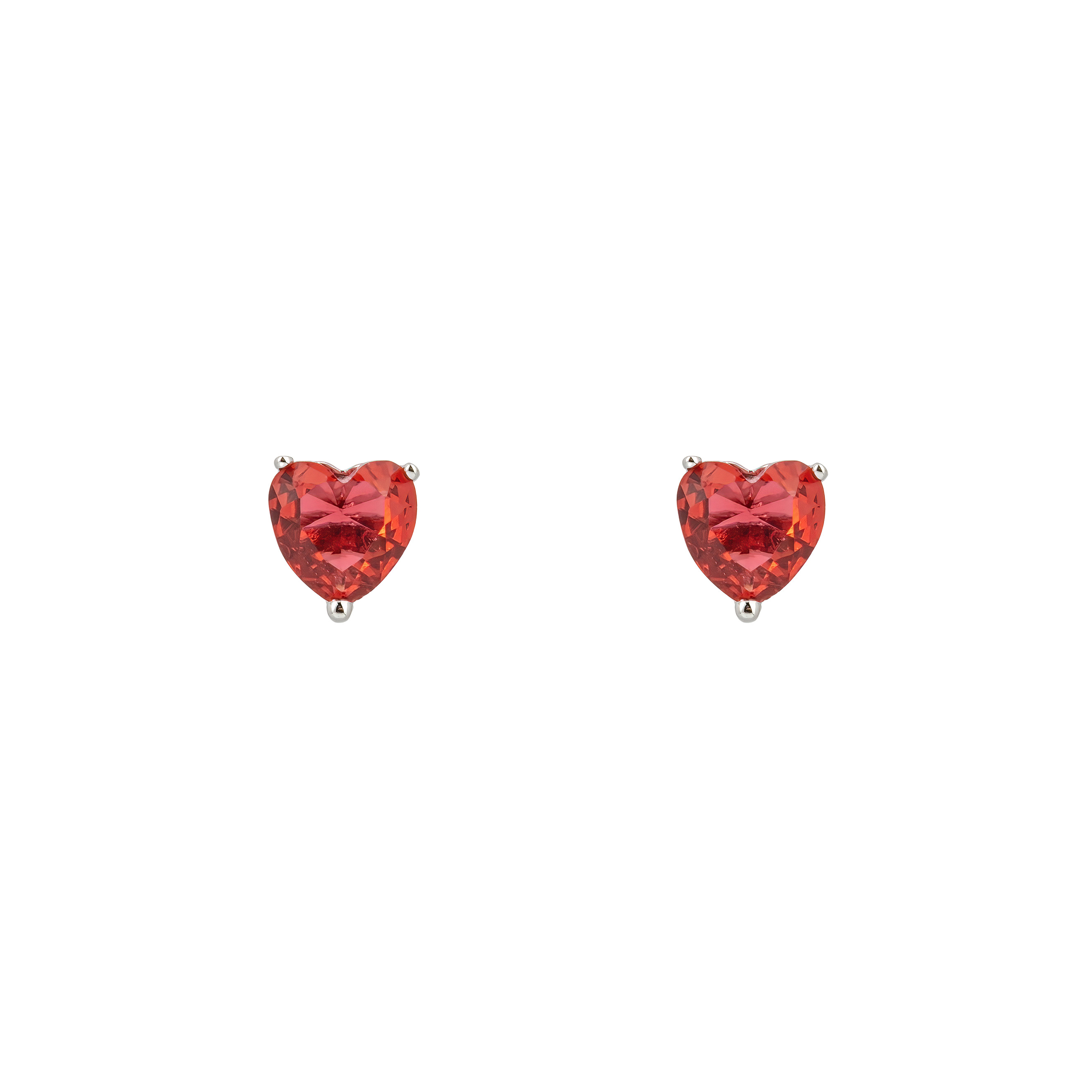Silver earrings in the shape of a red heart