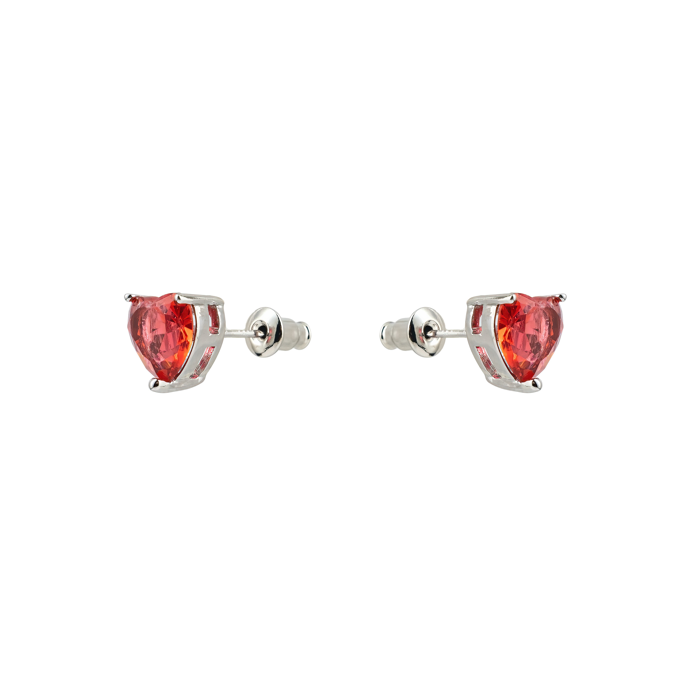 Silver earrings in the shape of a red heart