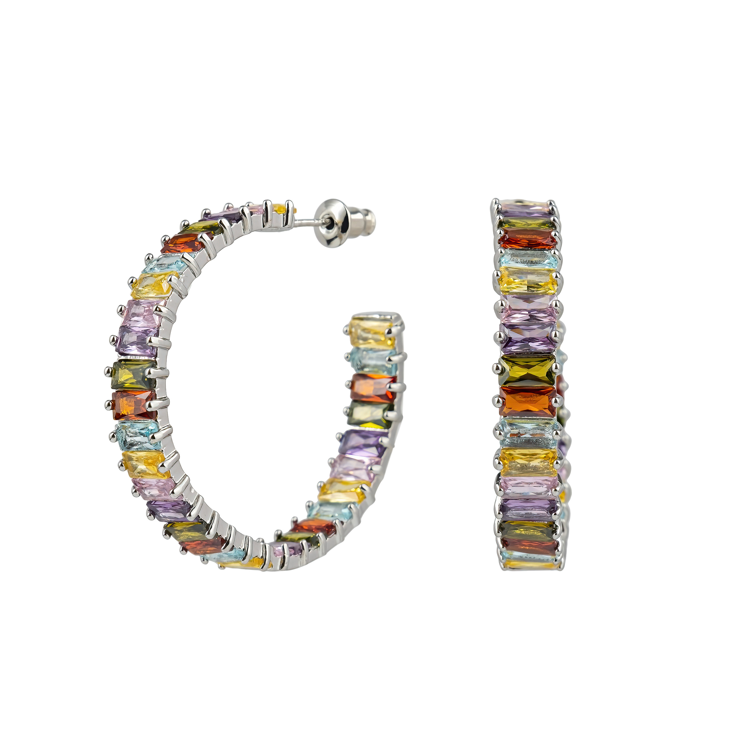 Silver-ring earrings with multicolored crystals