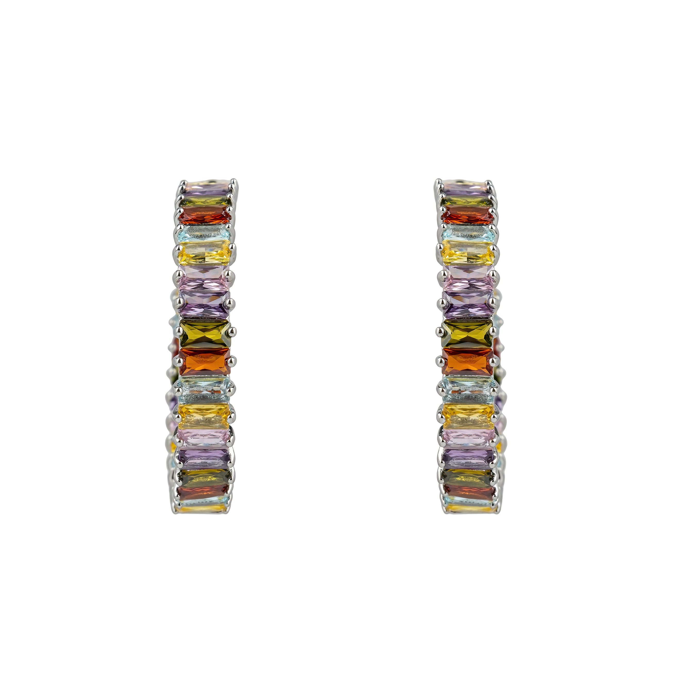 Silver-ring earrings with multicolored crystals