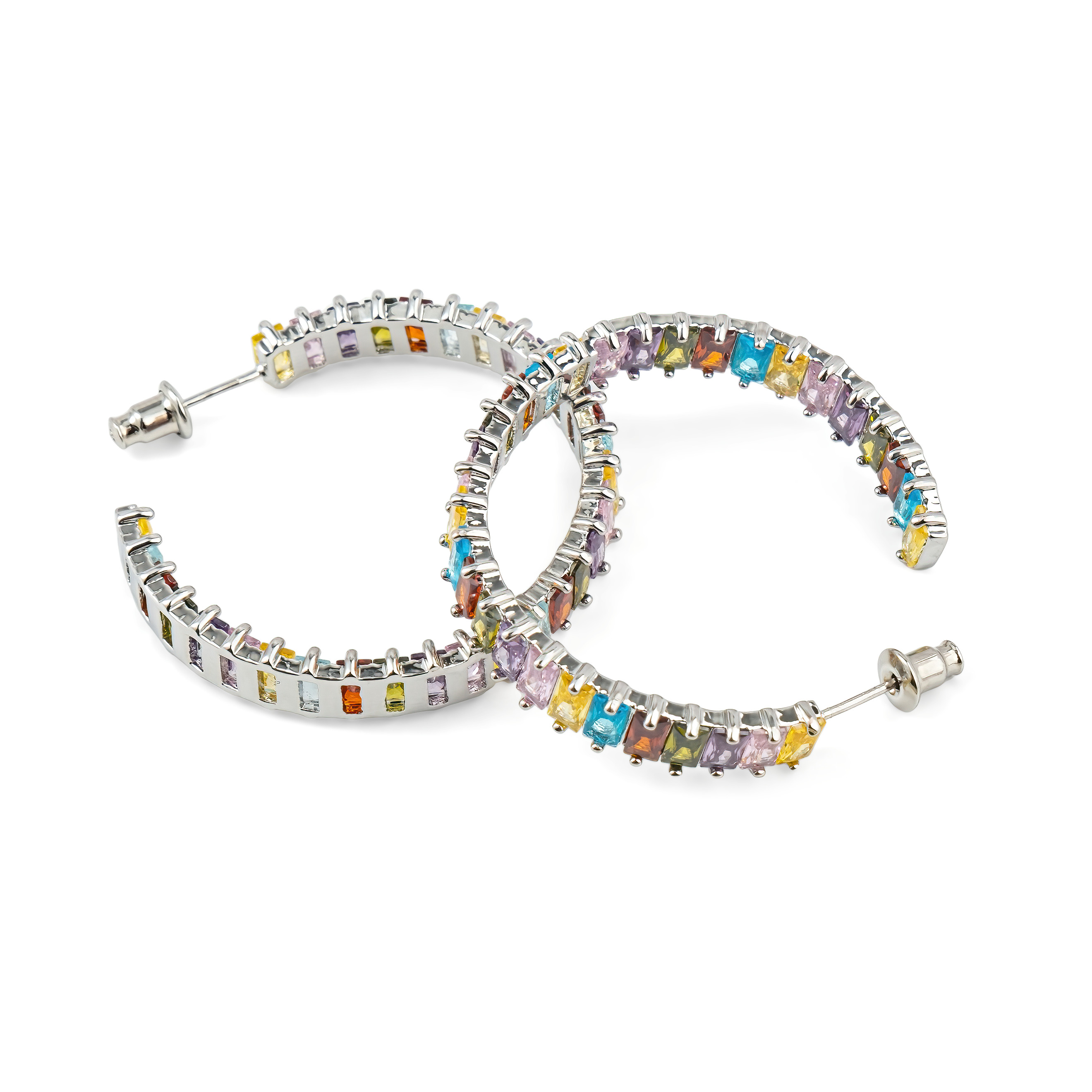 Silver-ring earrings with multicolored crystals