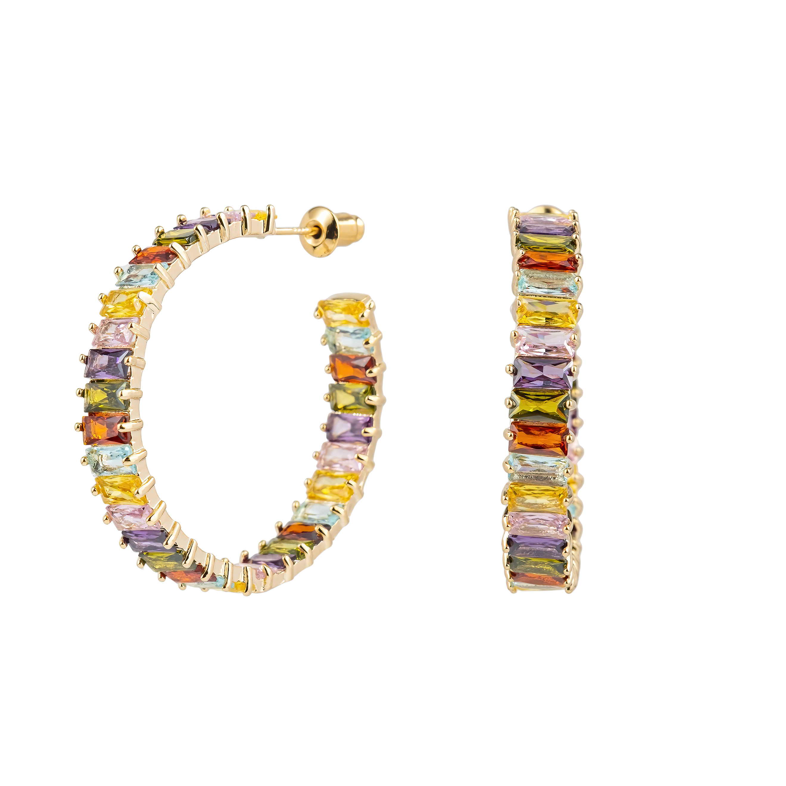 Golden hoop earrings with multicolored crystals