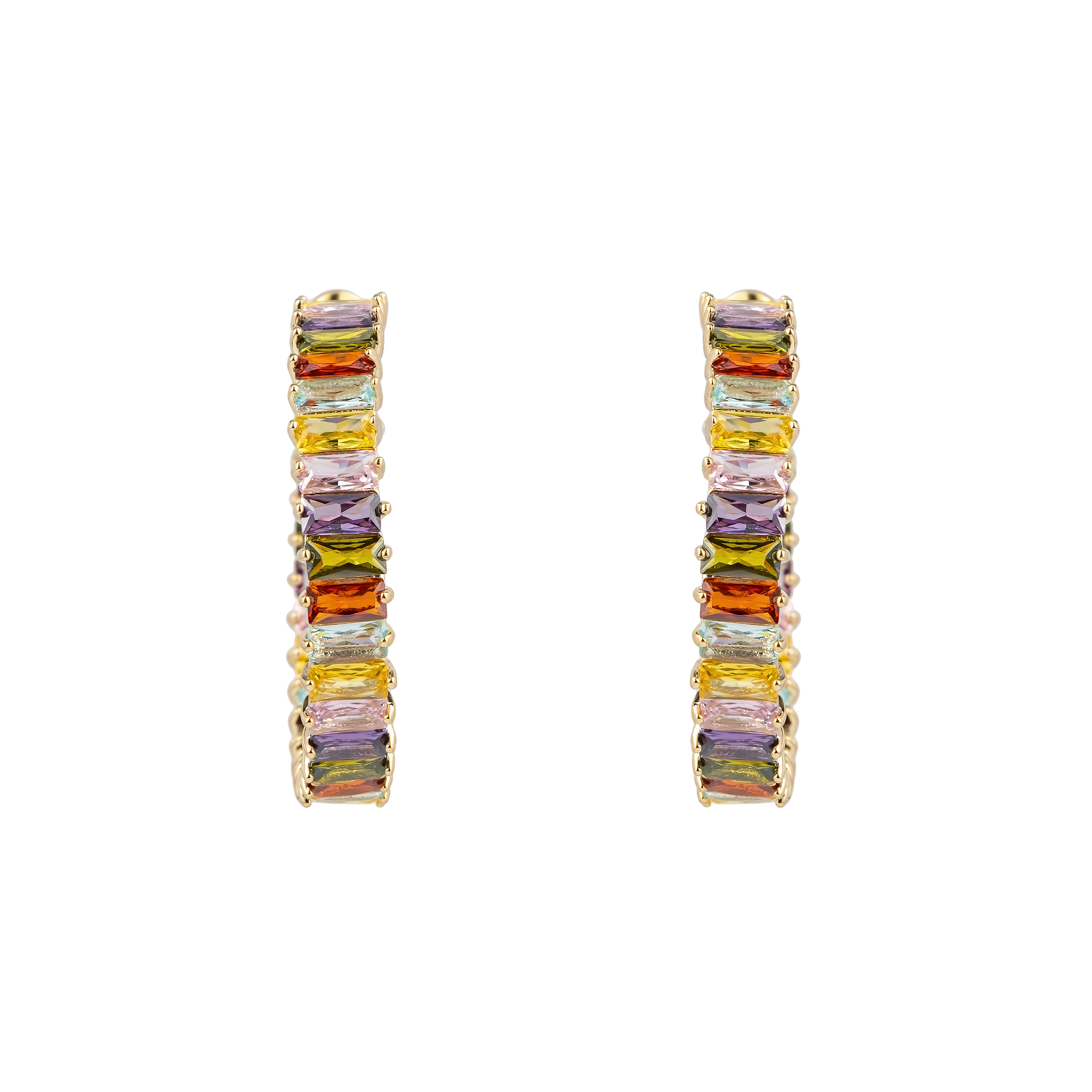 Golden hoop earrings with multicolored crystals