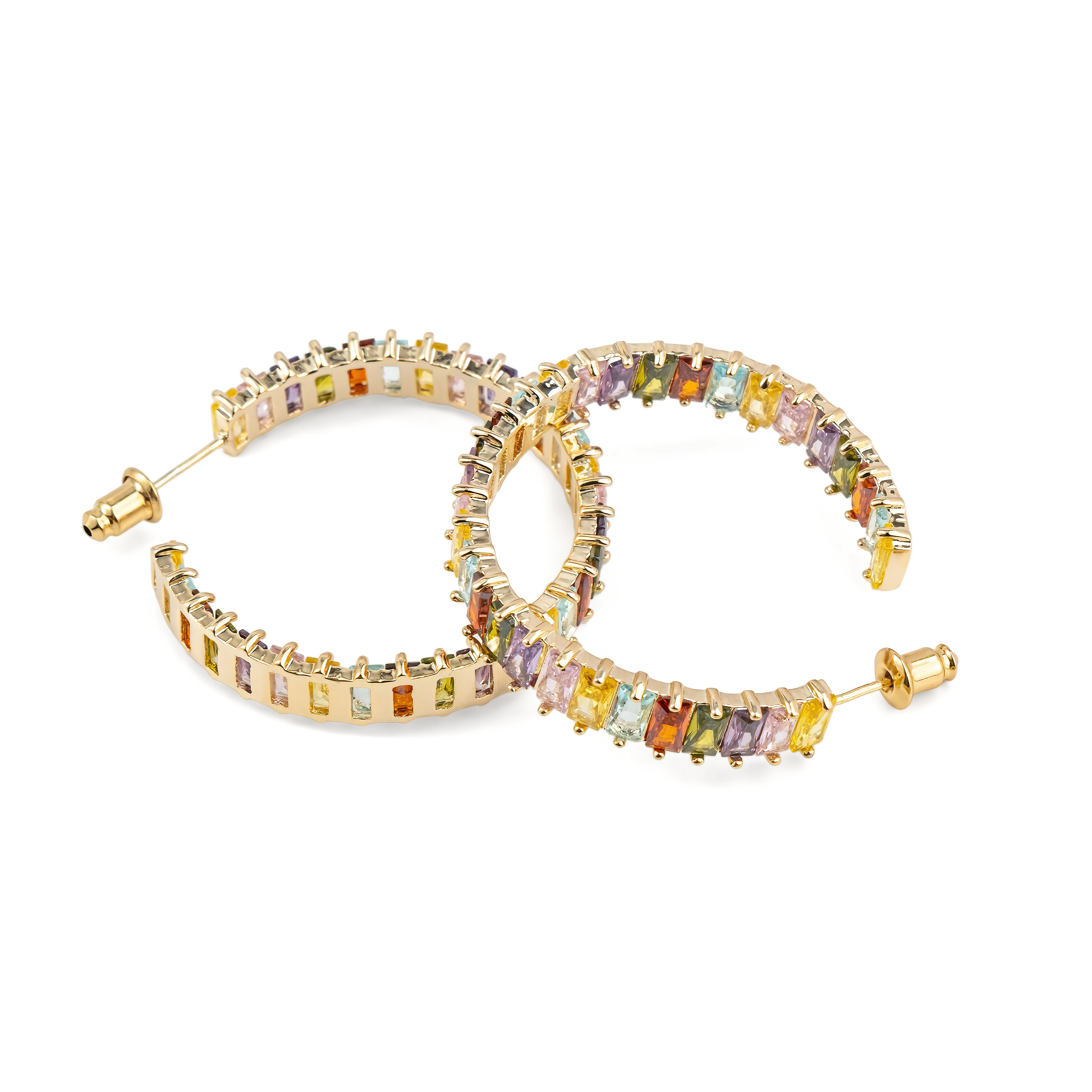Golden hoop earrings with multicolored crystals