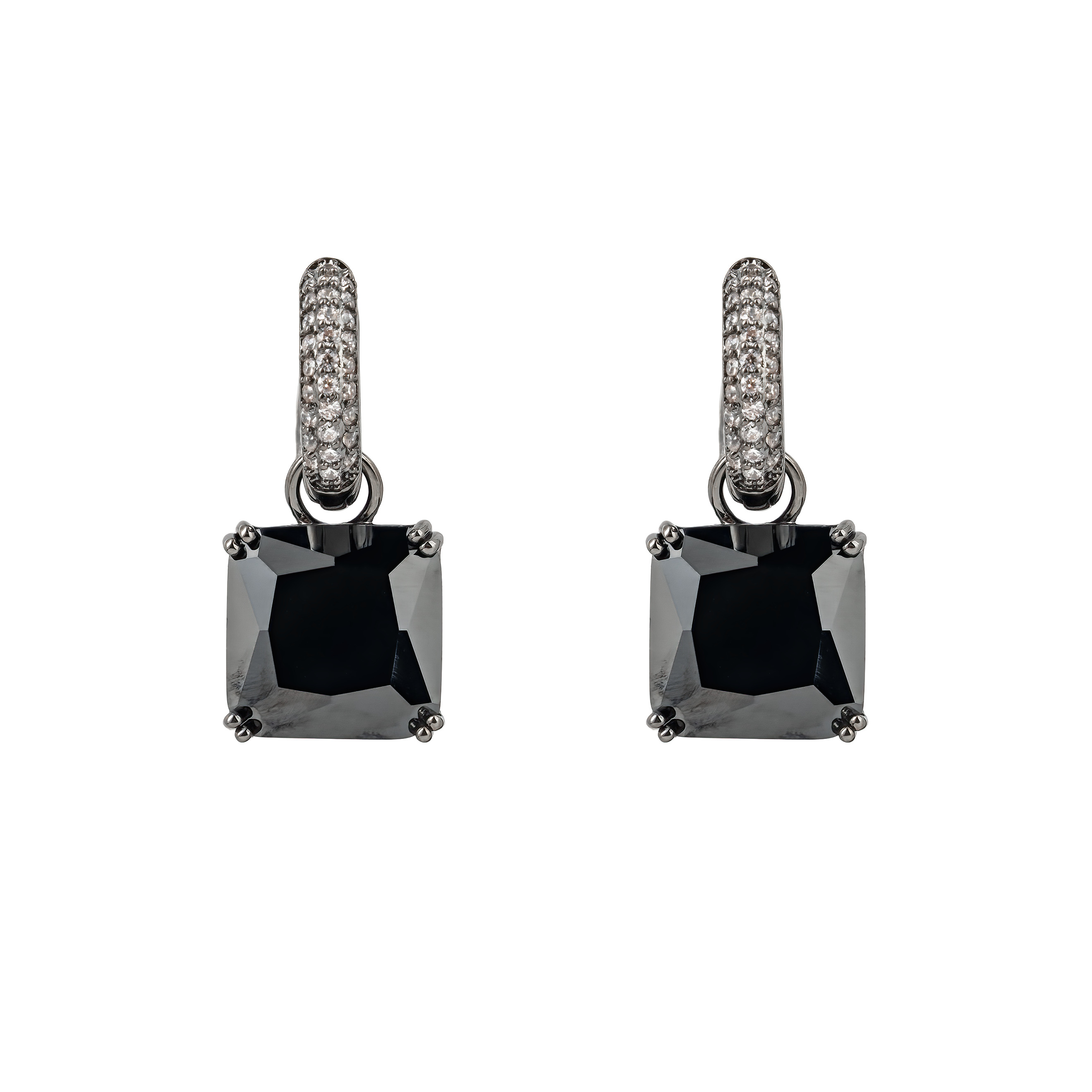 Silver earrings with square black crystal and peacock