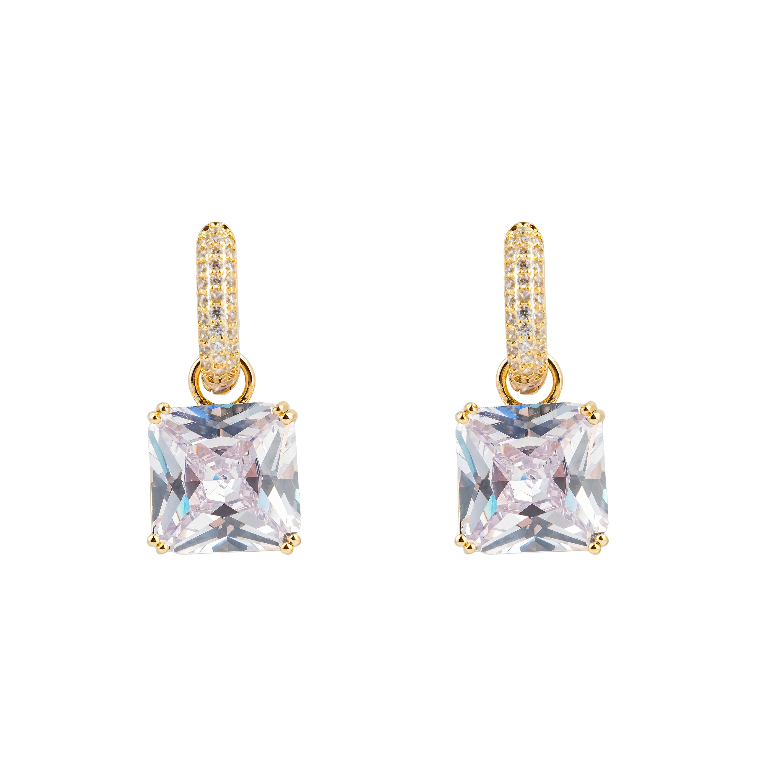 Golden earrings with a square white crystal and a peacock