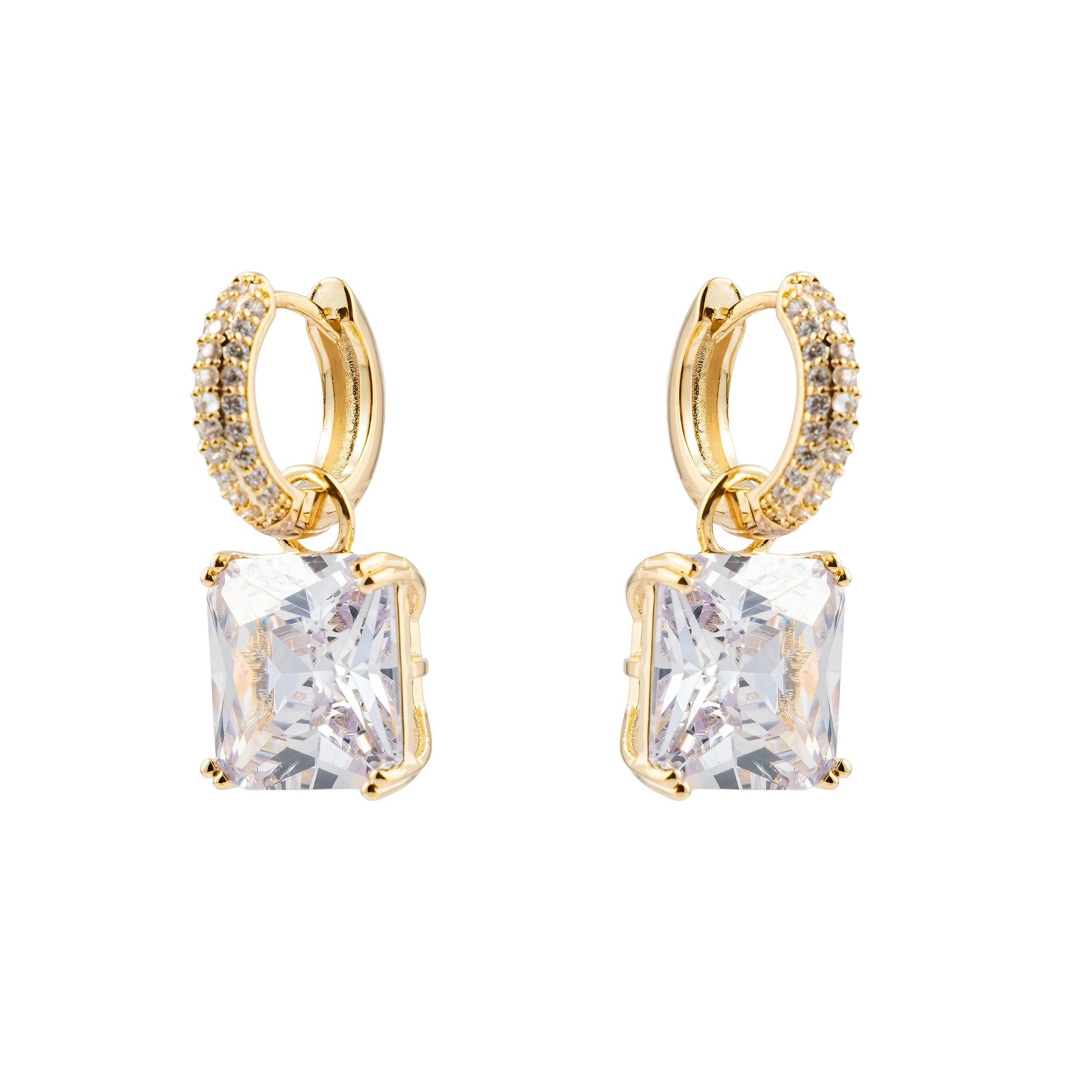 Golden earrings with a square white crystal and a peacock