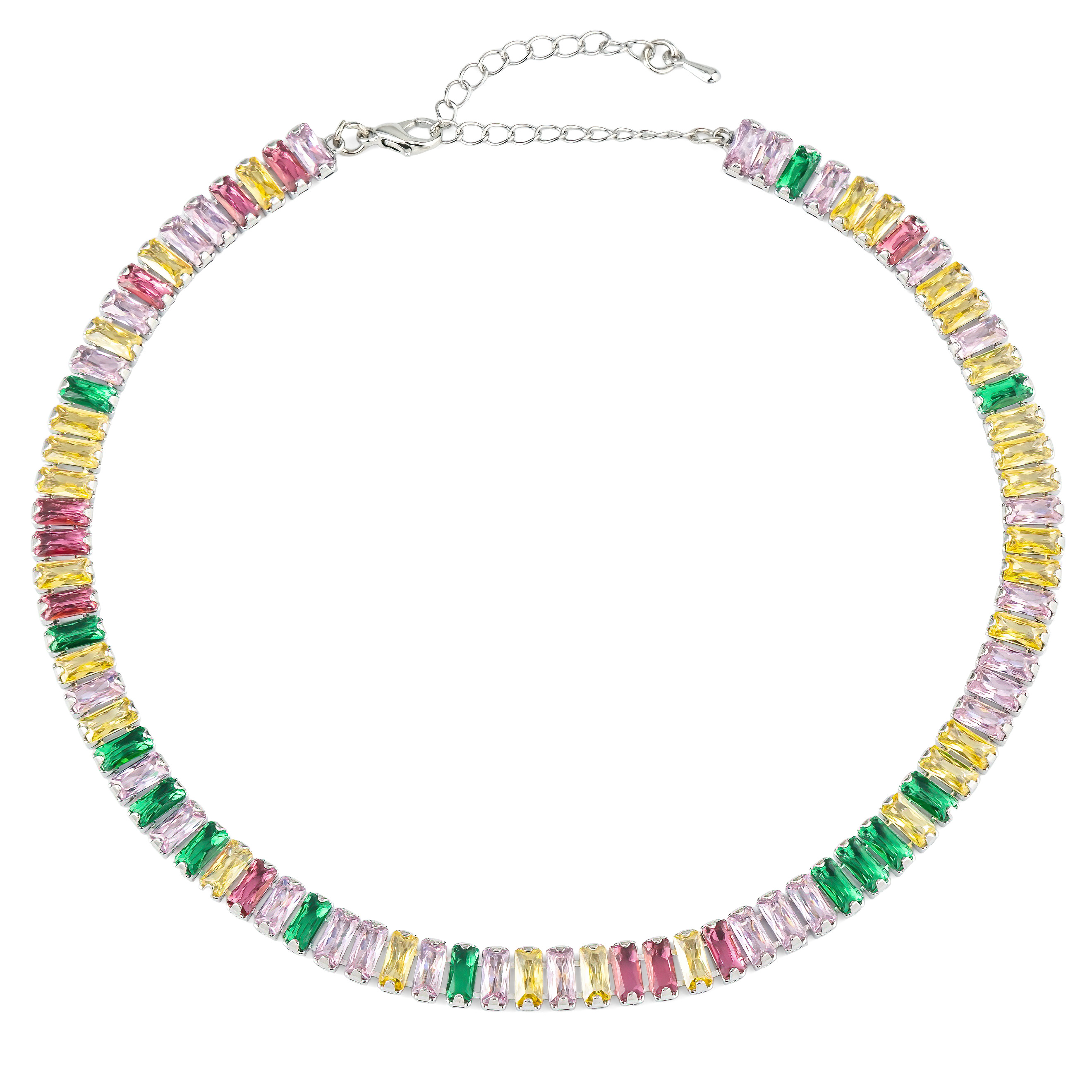 Silver necklace with baguettes of multicolored crystals