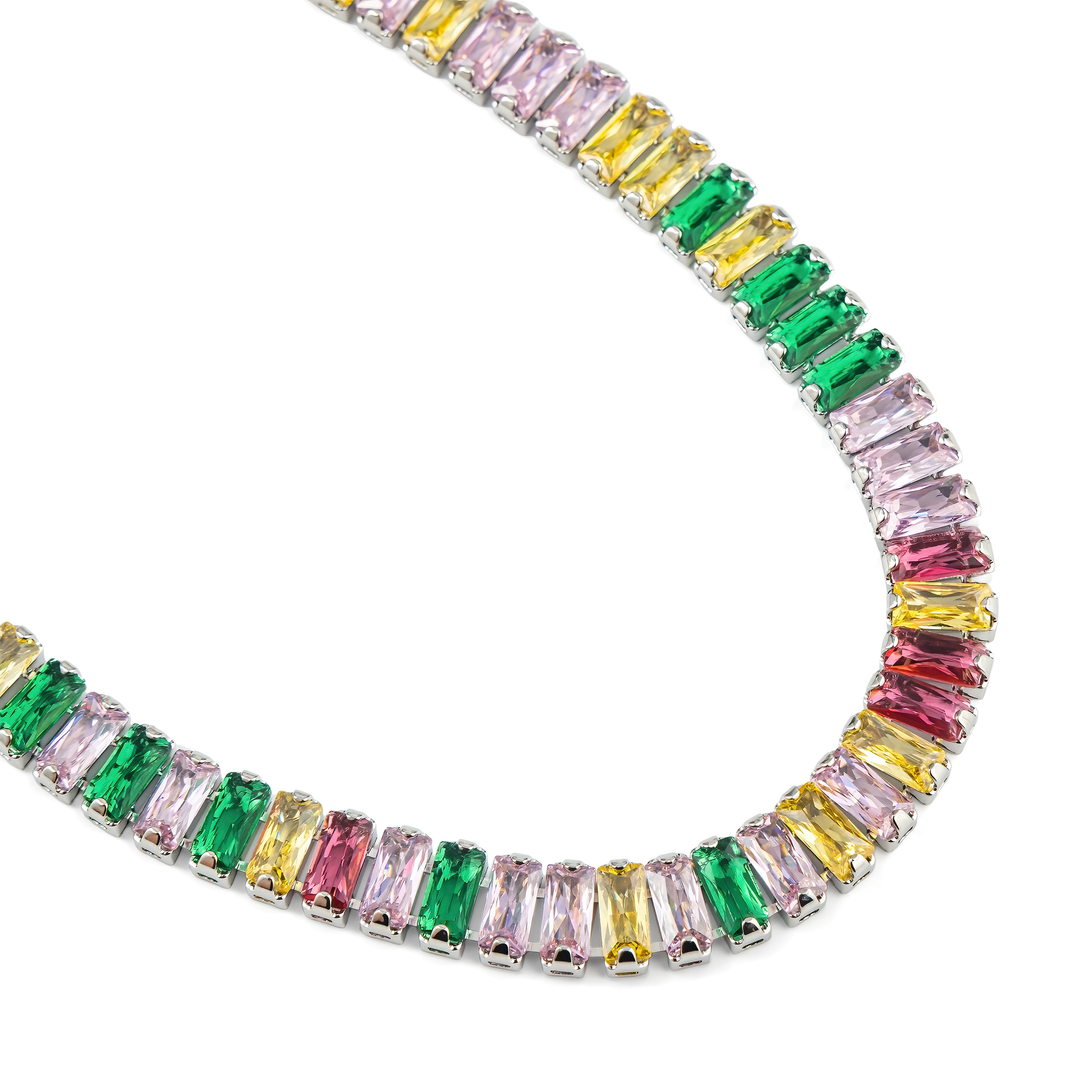 Silver necklace with baguettes of multicolored crystals