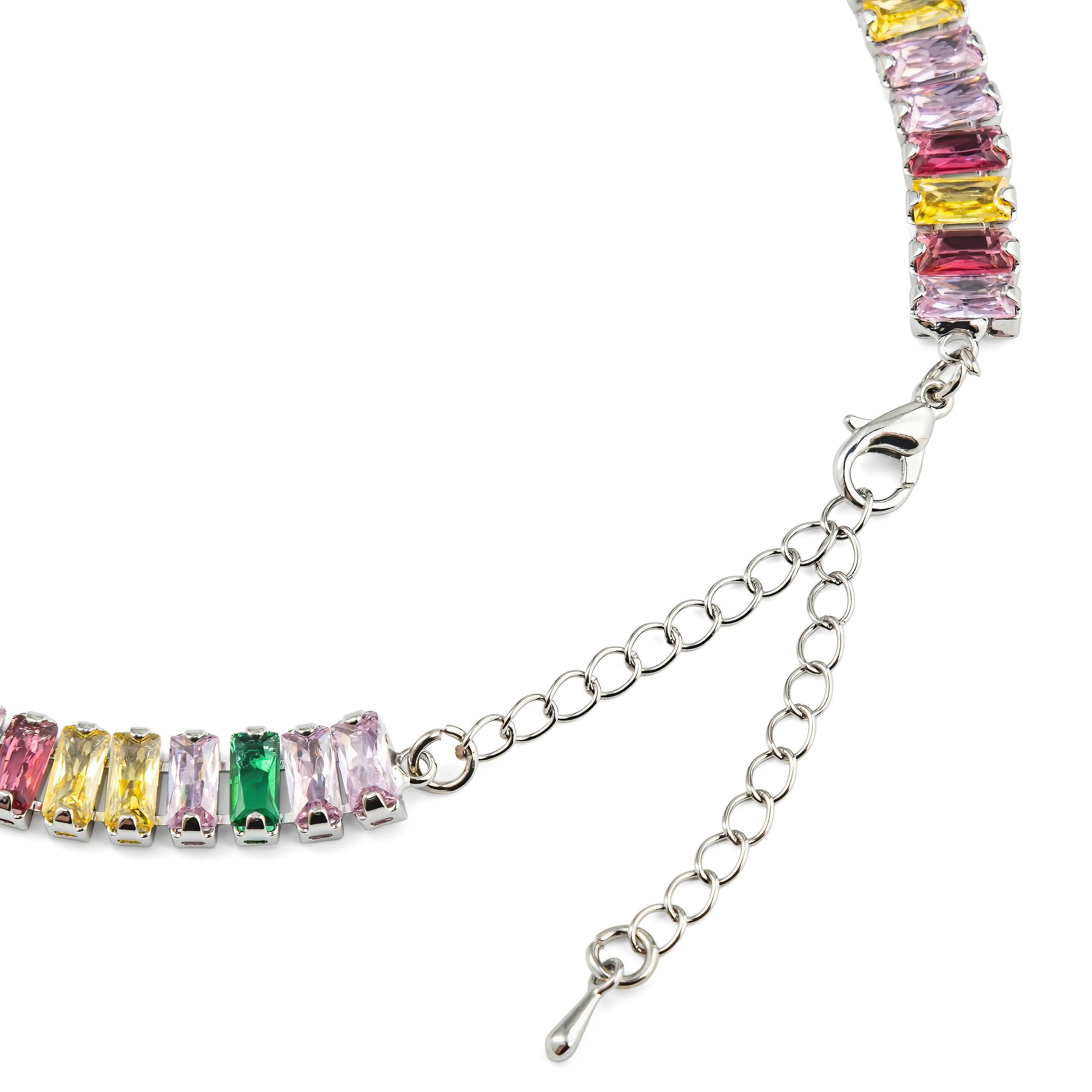 Silver necklace with baguettes of multicolored crystals