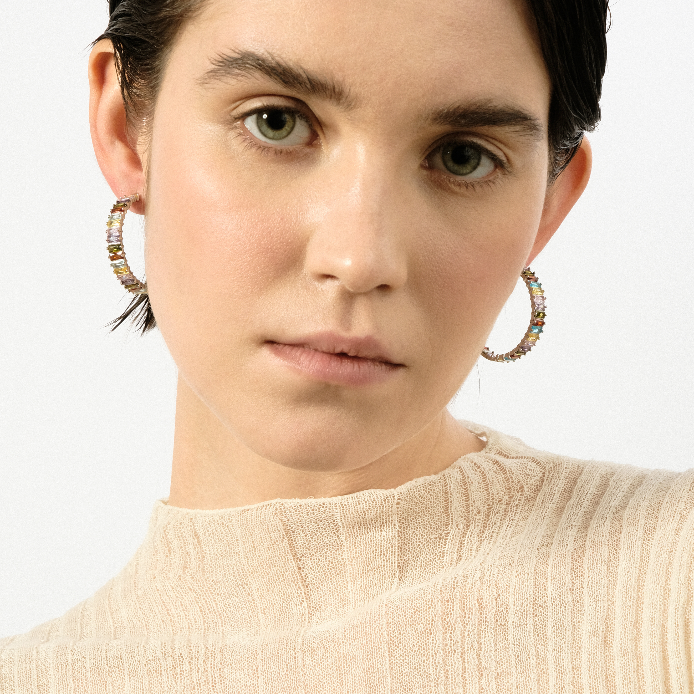 Silver-ring earrings with multicolored crystals