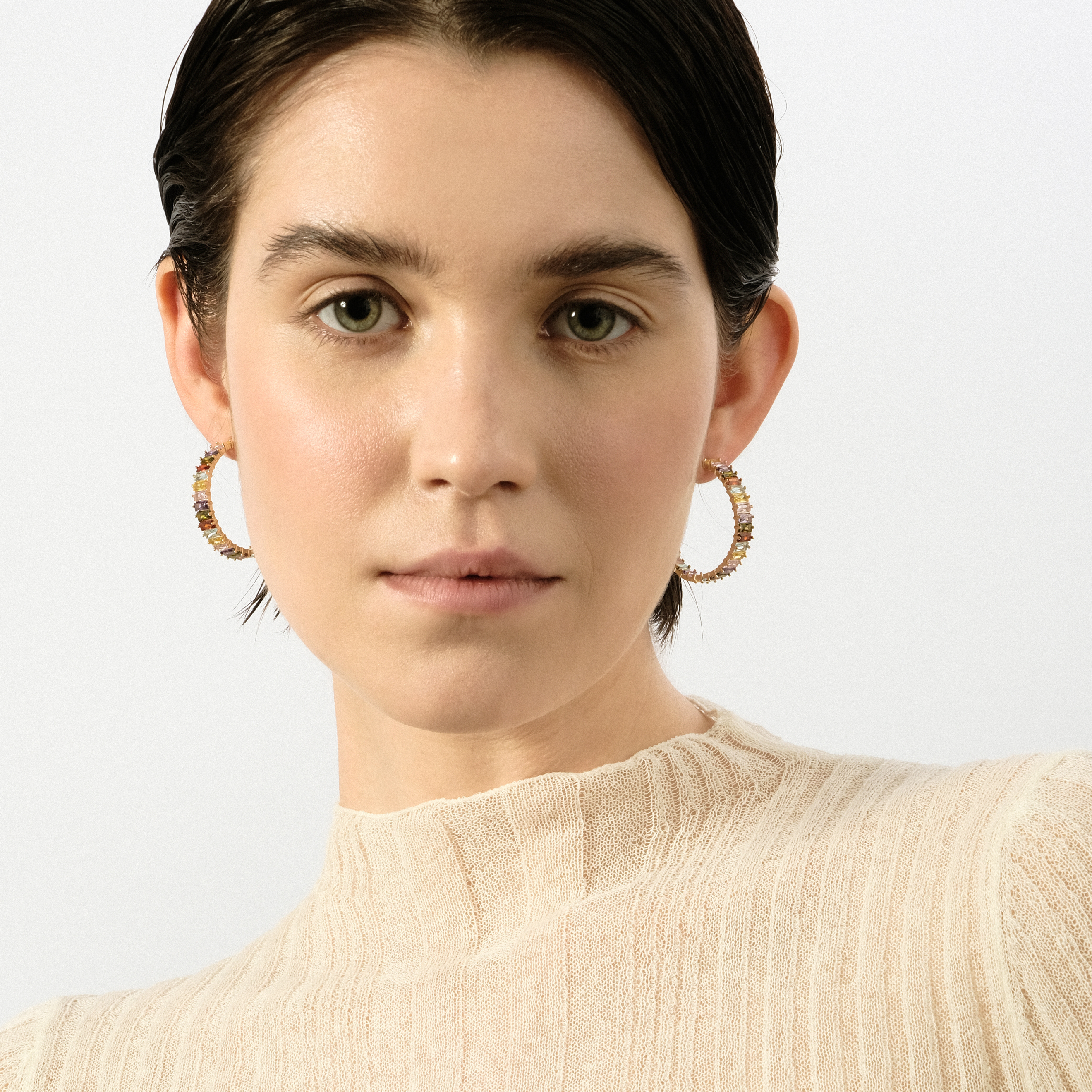 Silver-ring earrings with multicolored crystals