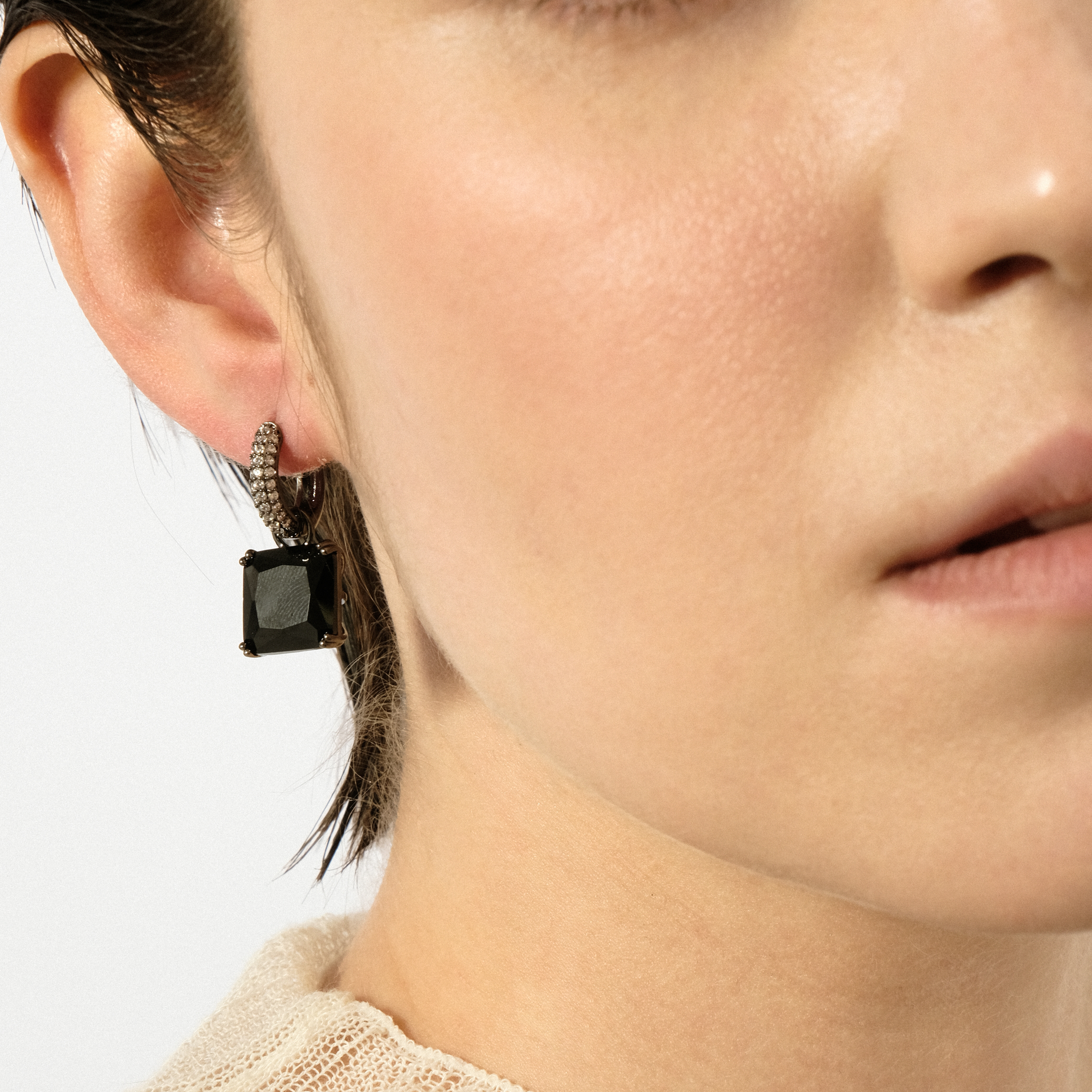Silver earrings with square black crystal and peacock
