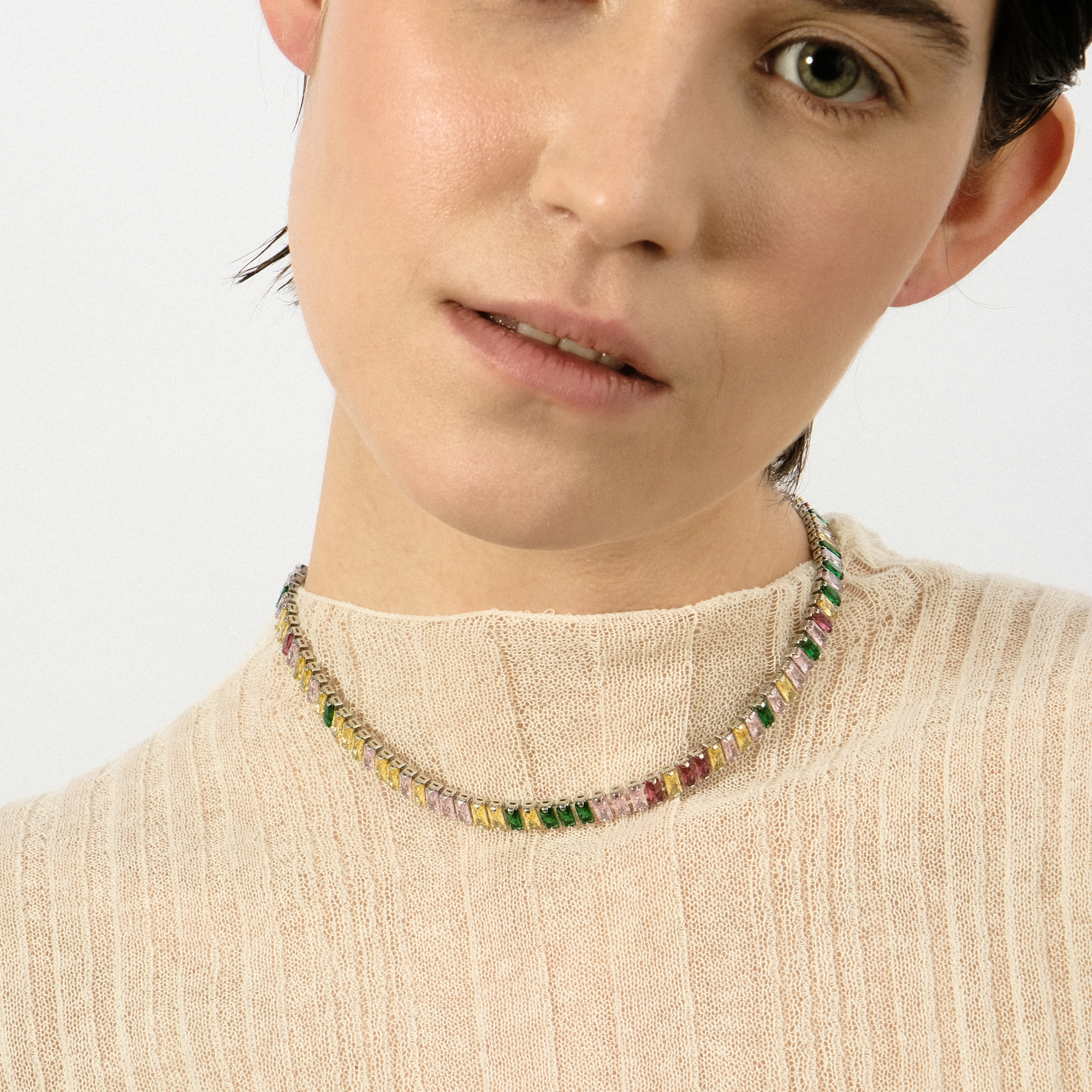 Silver necklace with baguettes of multicolored crystals