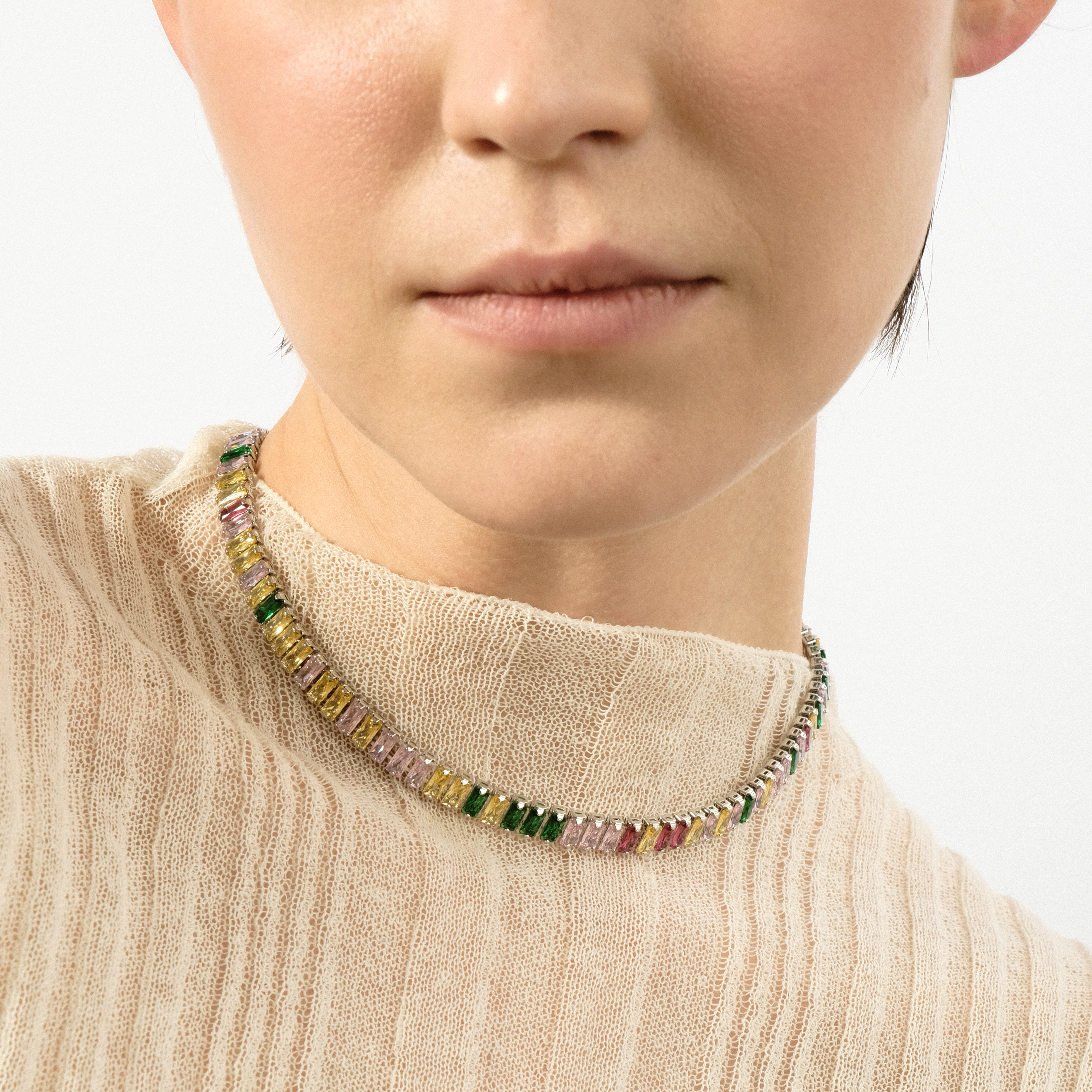 Silver necklace with baguettes of multicolored crystals