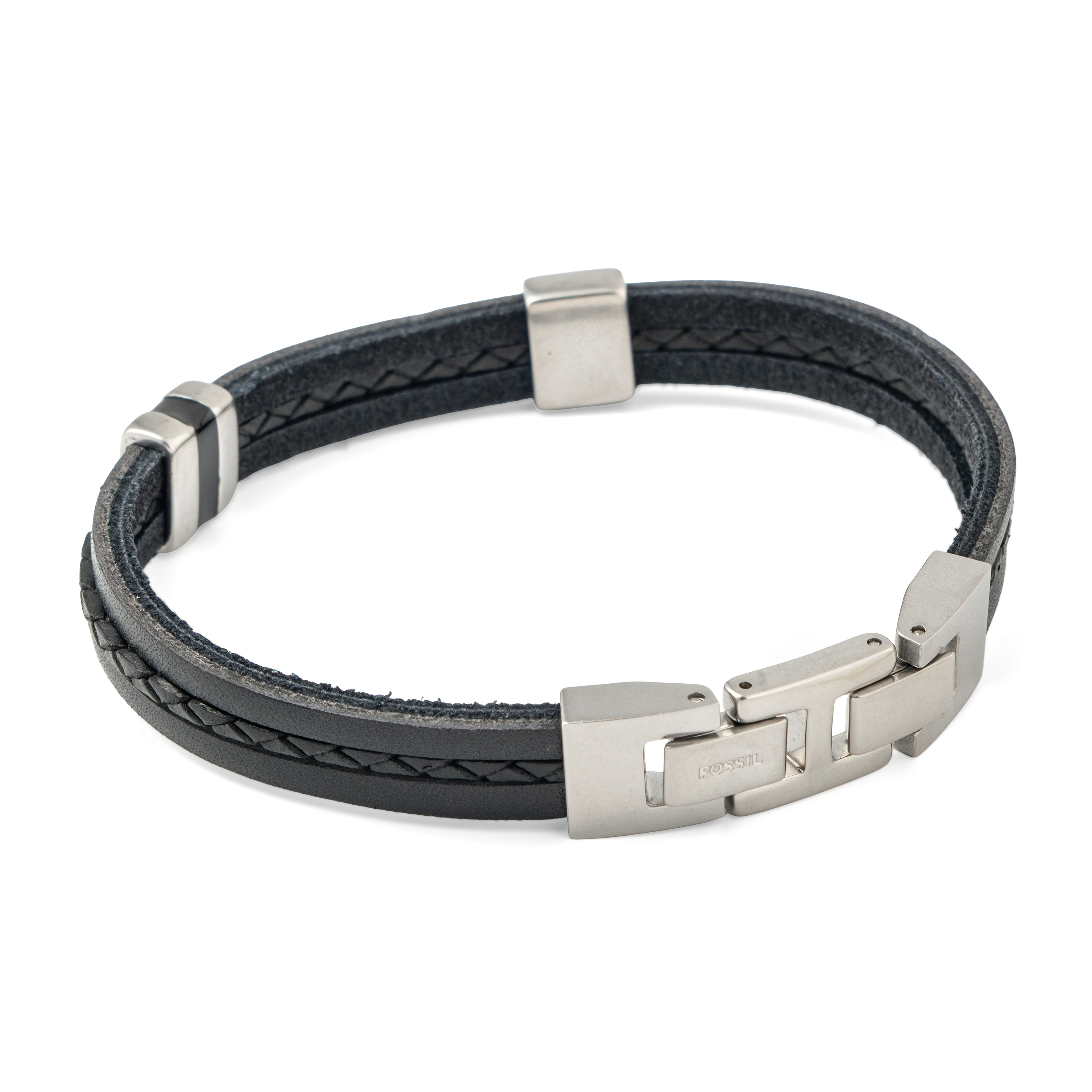 Black leather bracelet with steel inserts