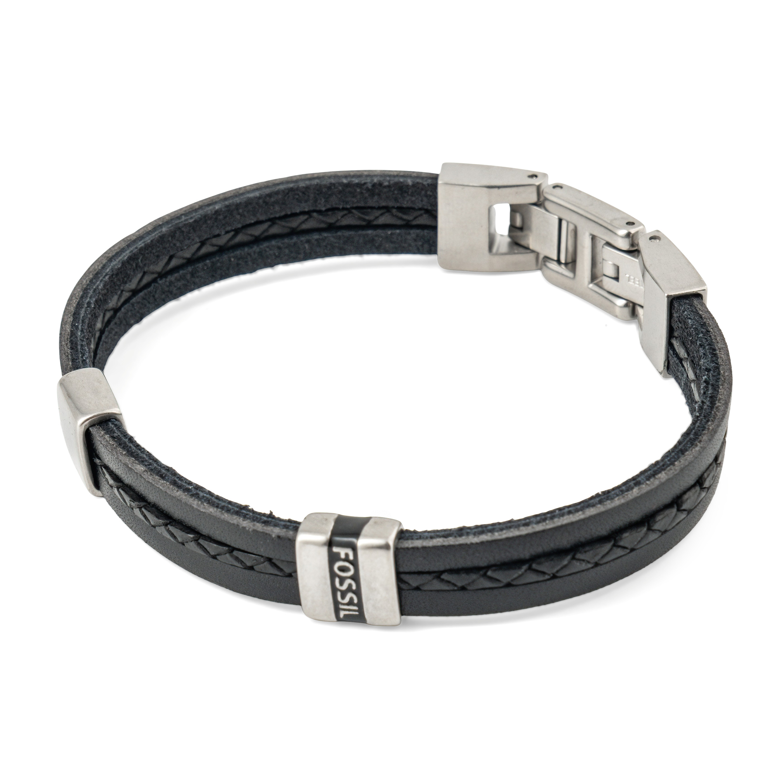 Black leather bracelet with steel inserts