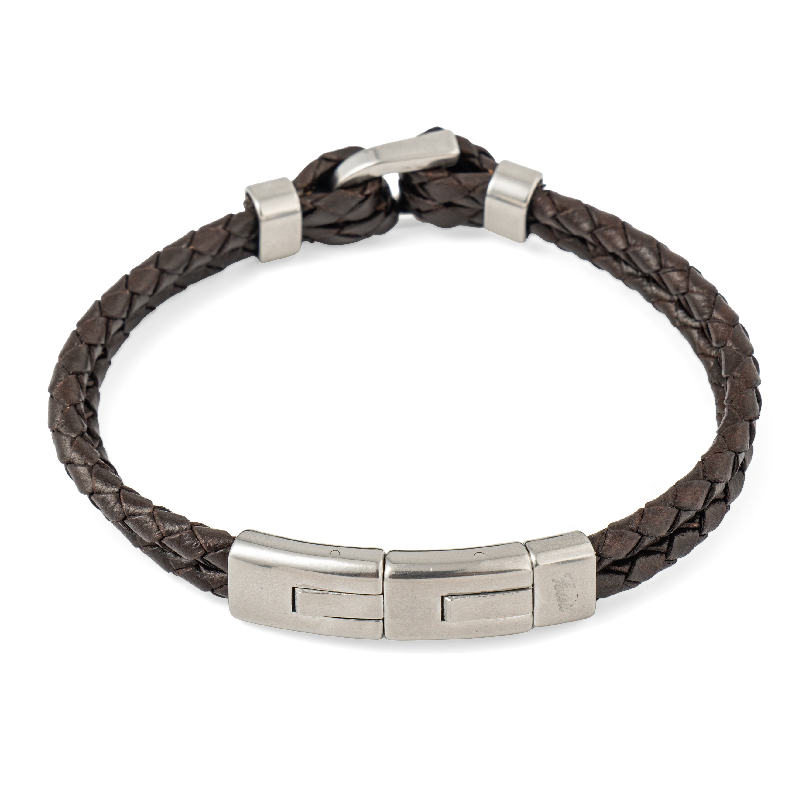 Brown leather bracelet with steel insert