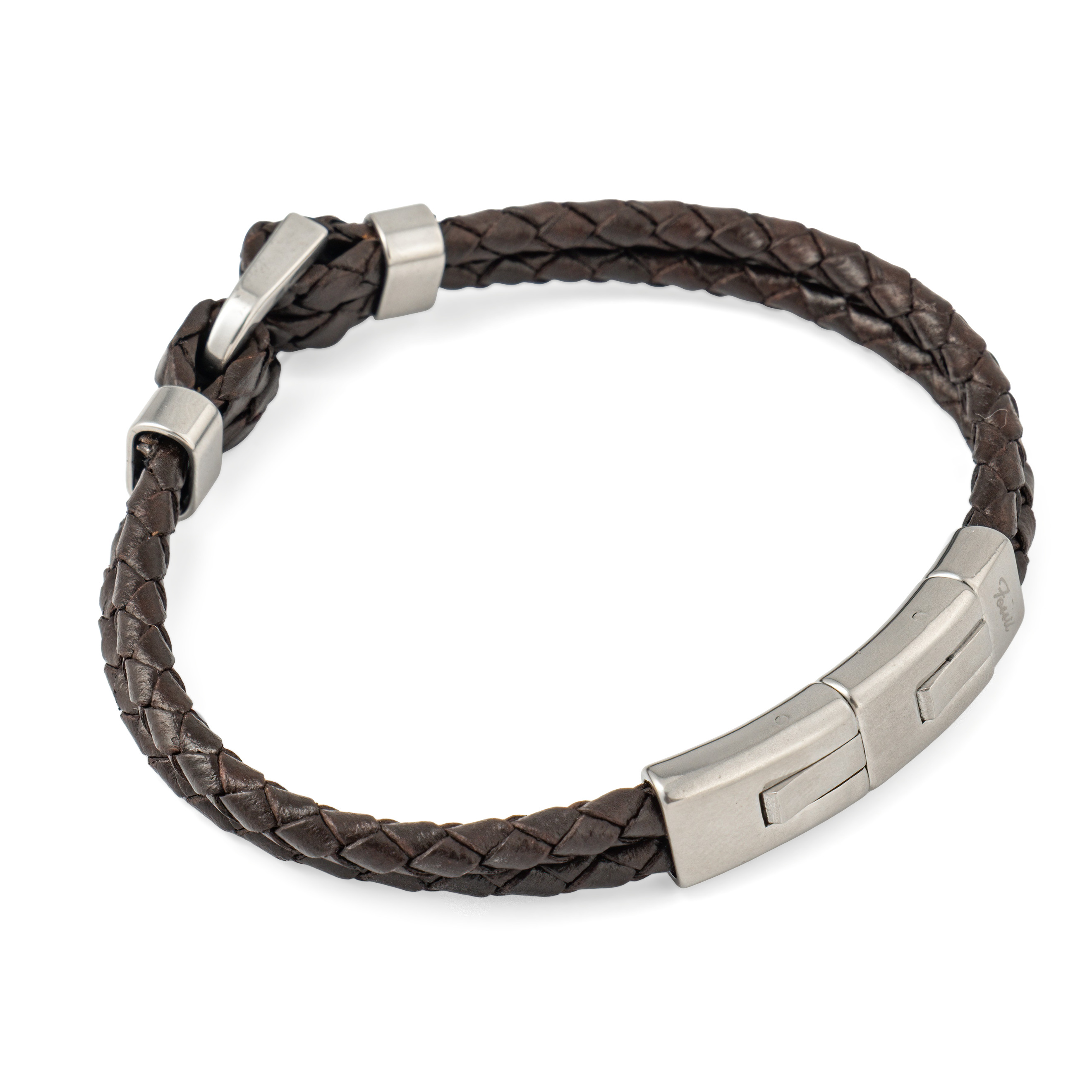 Brown leather bracelet with steel insert