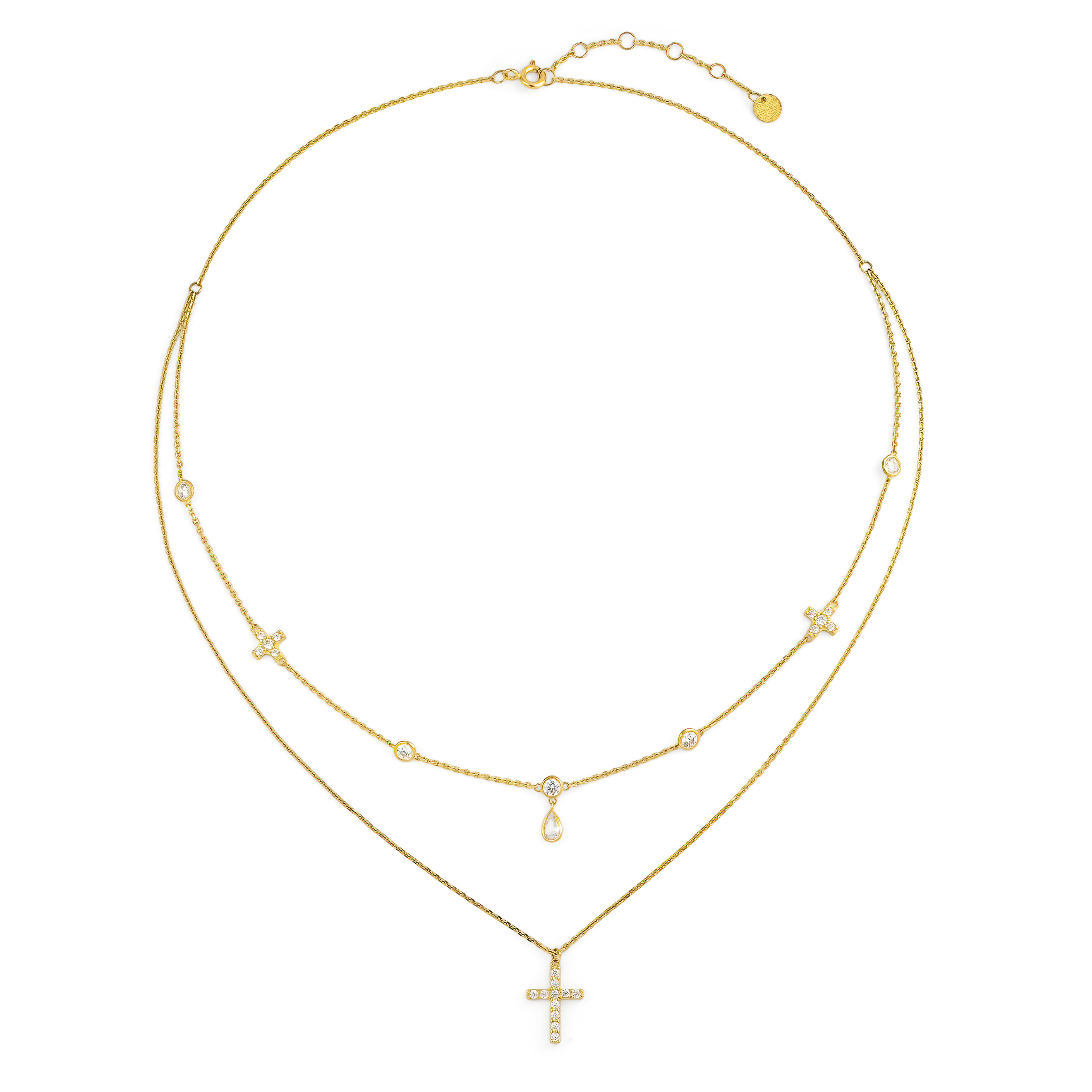 Double necklace-tie with three crosses in yellow gold