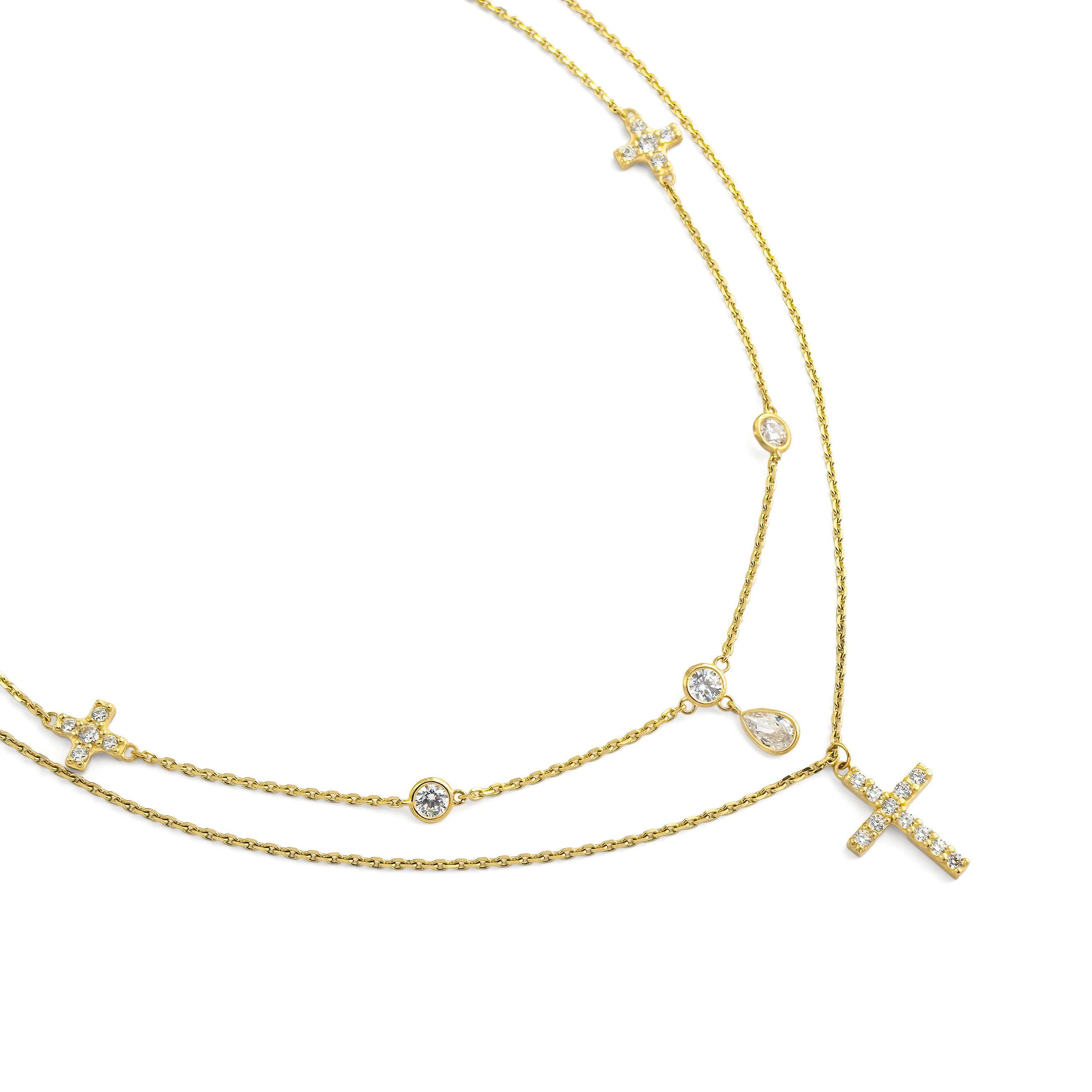Double necklace-tie with three crosses in yellow gold