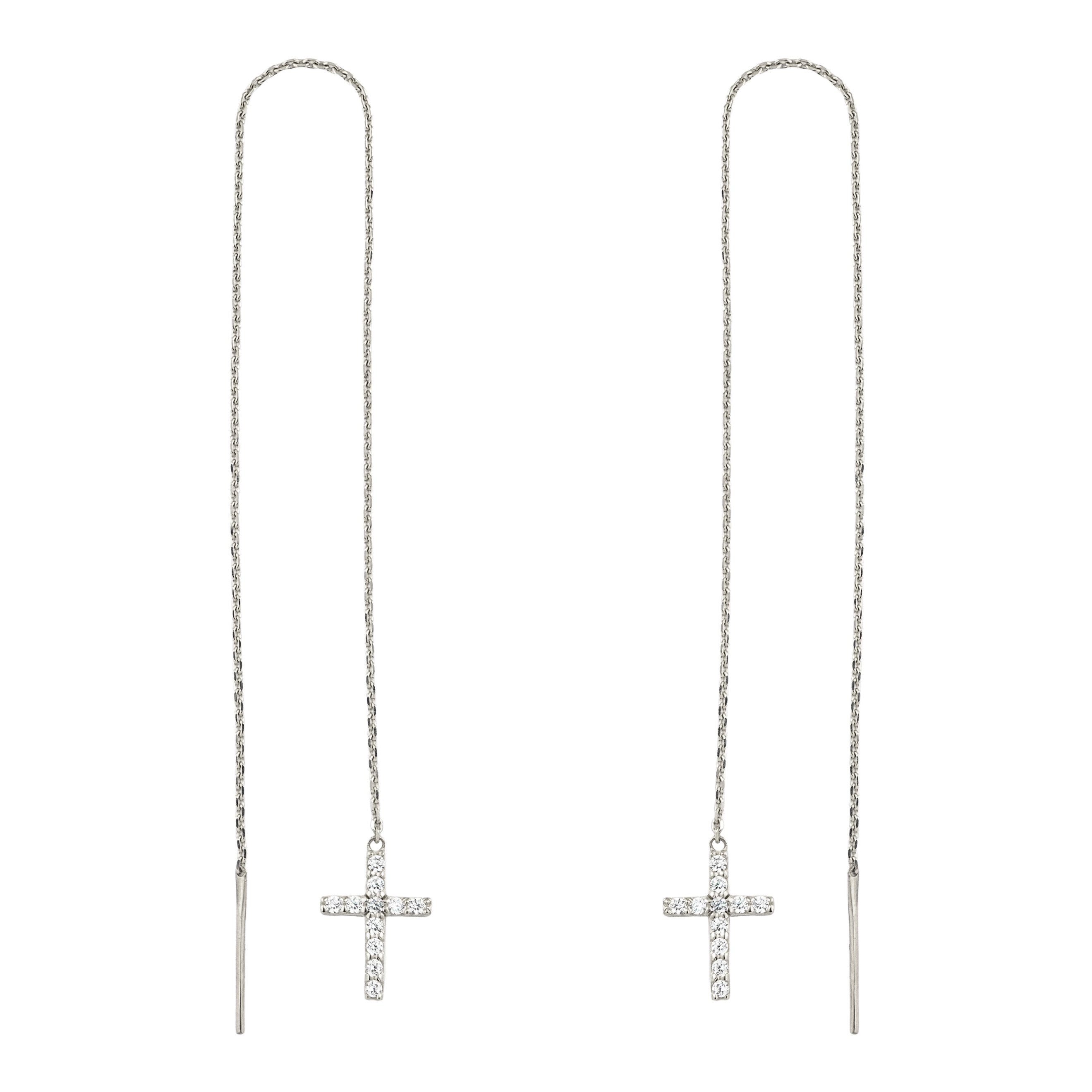 Broach earrings with a cross pendant sprinkled with white gold