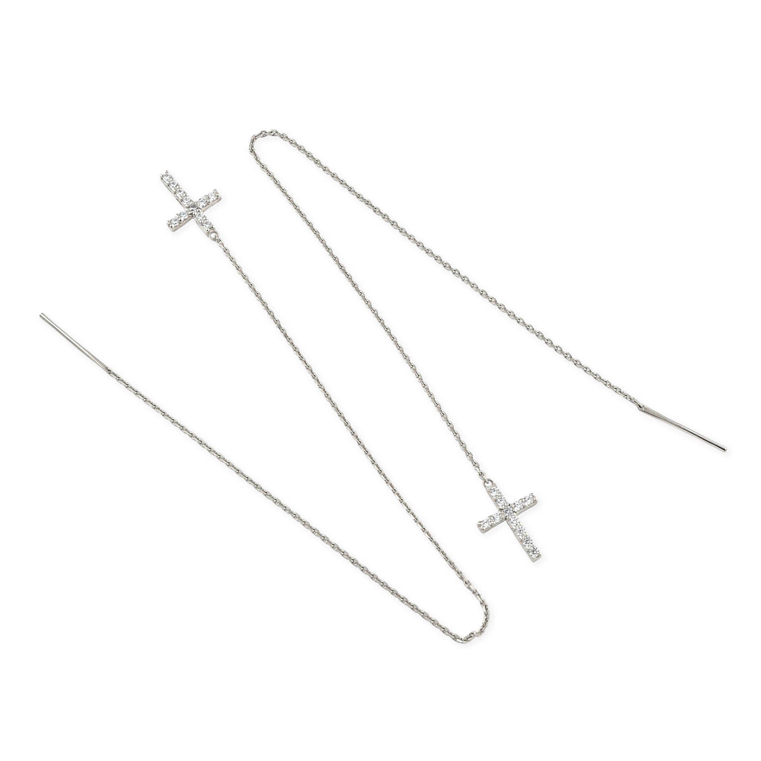 Broach earrings with a cross pendant sprinkled with white gold