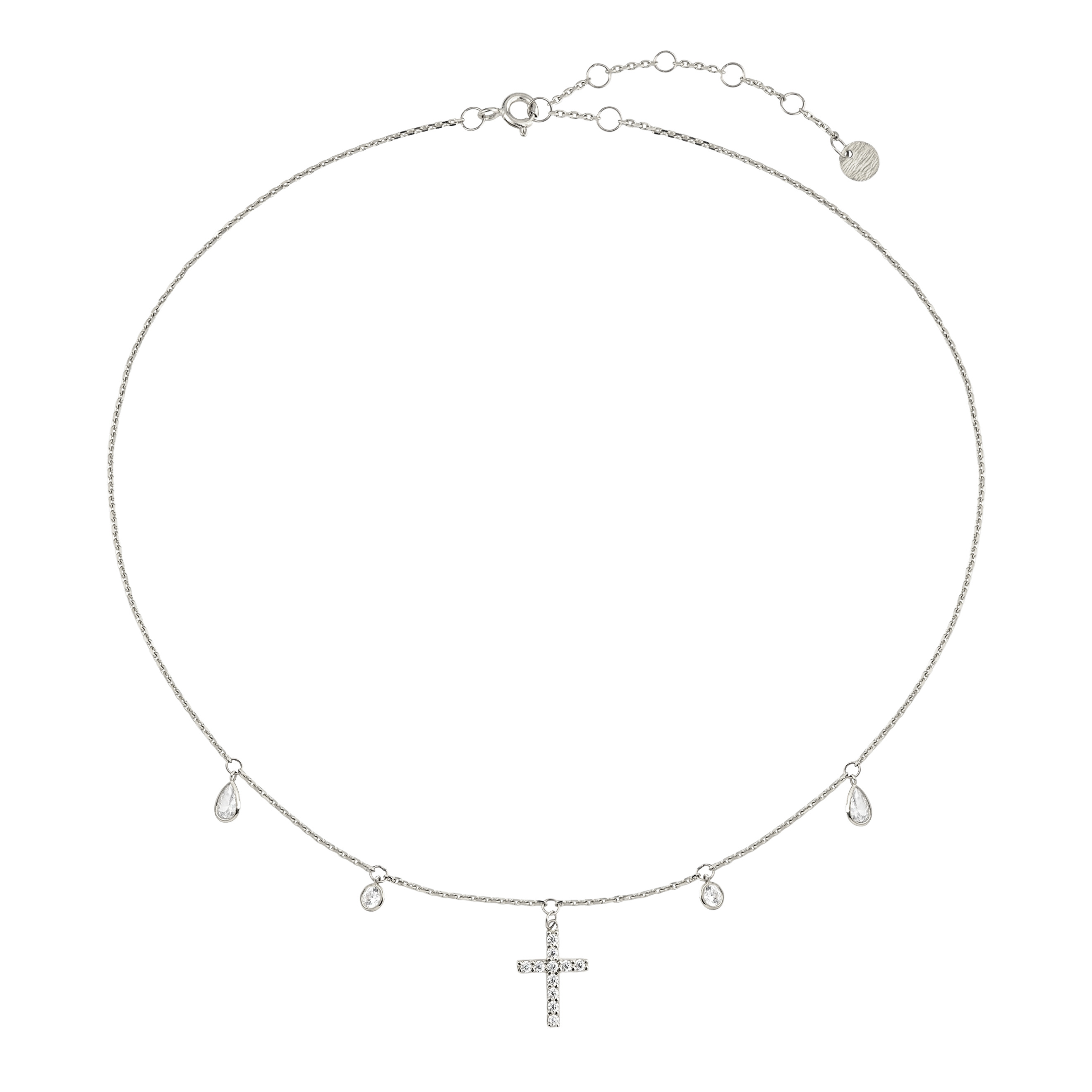 Choker with cross, circles and pears in white gold
