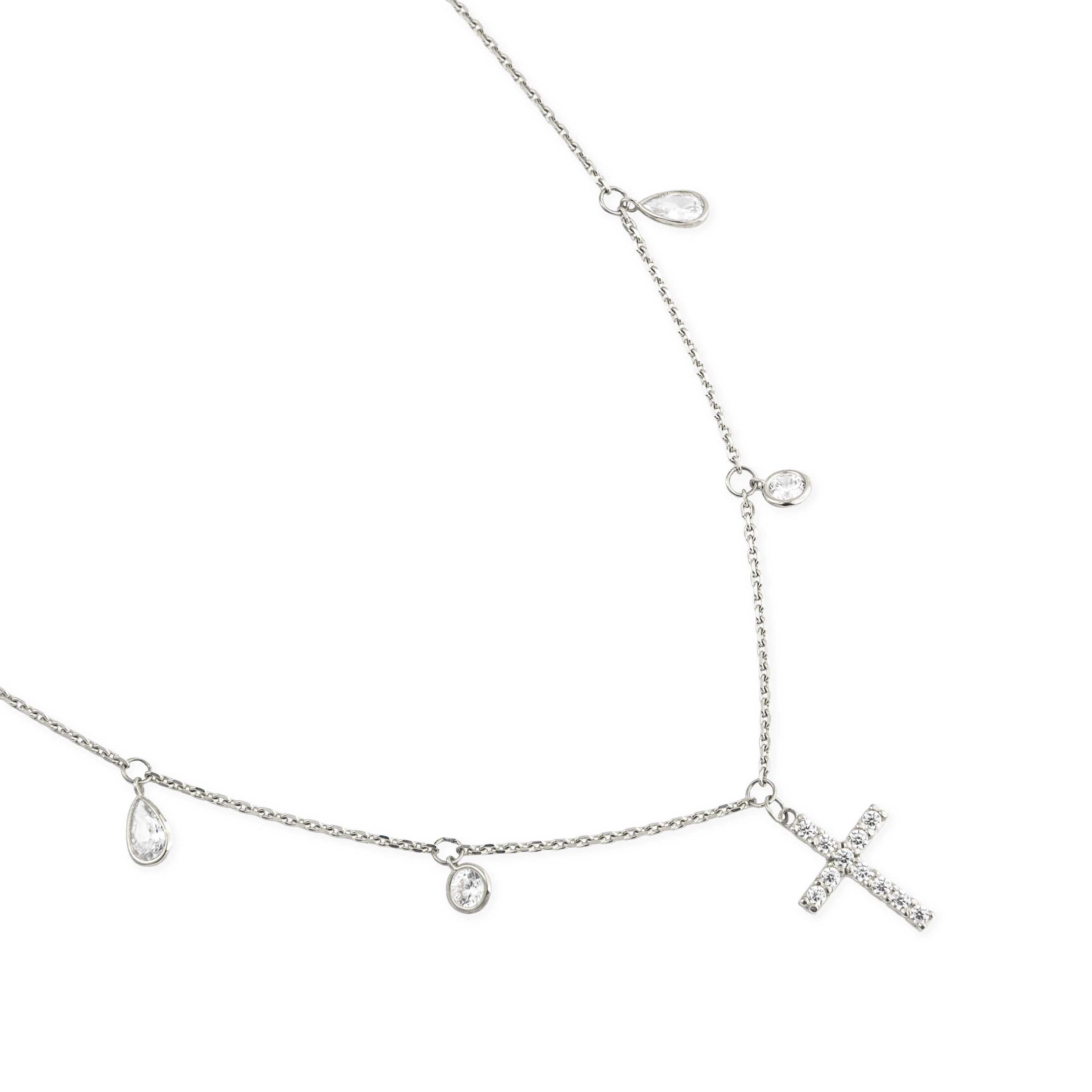 Choker with cross, circles and pears in white gold